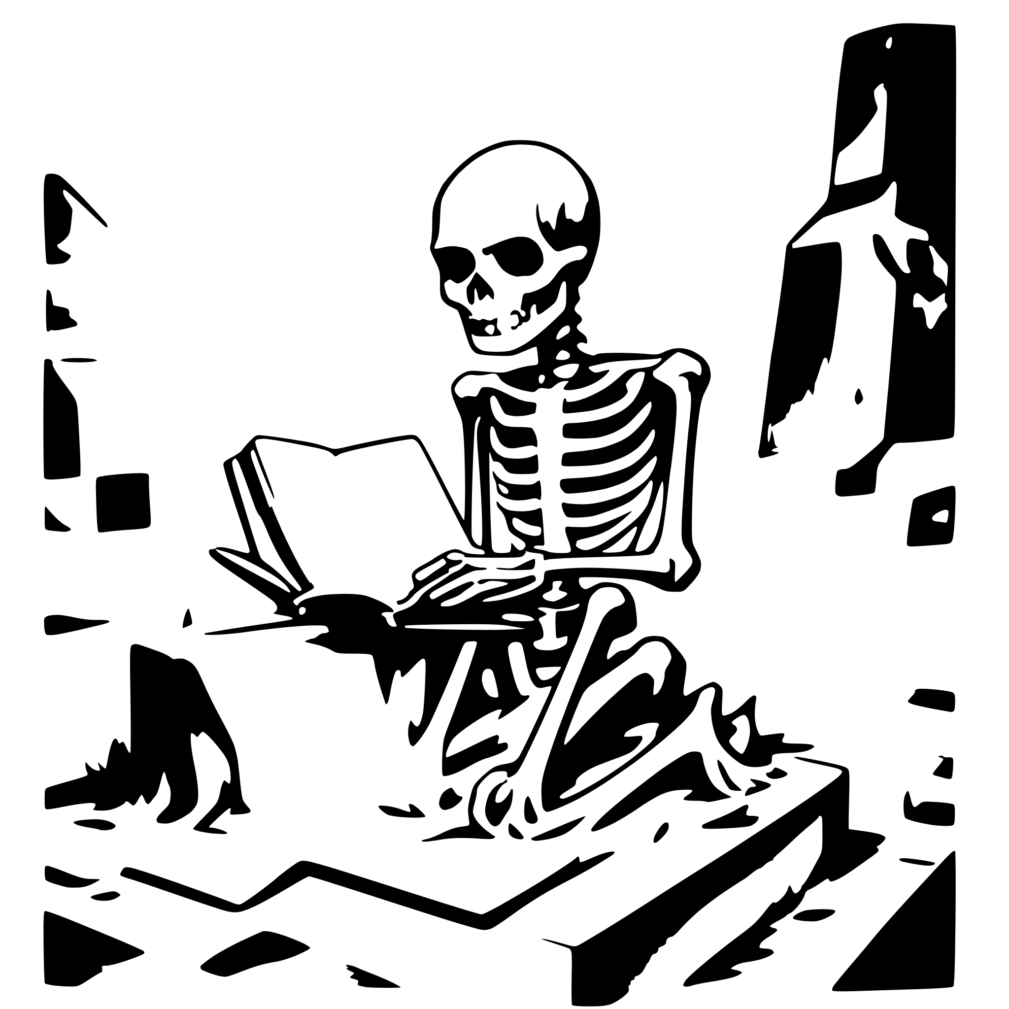 AI-generated SVG of a a skeleton on a cemetery reading a big book