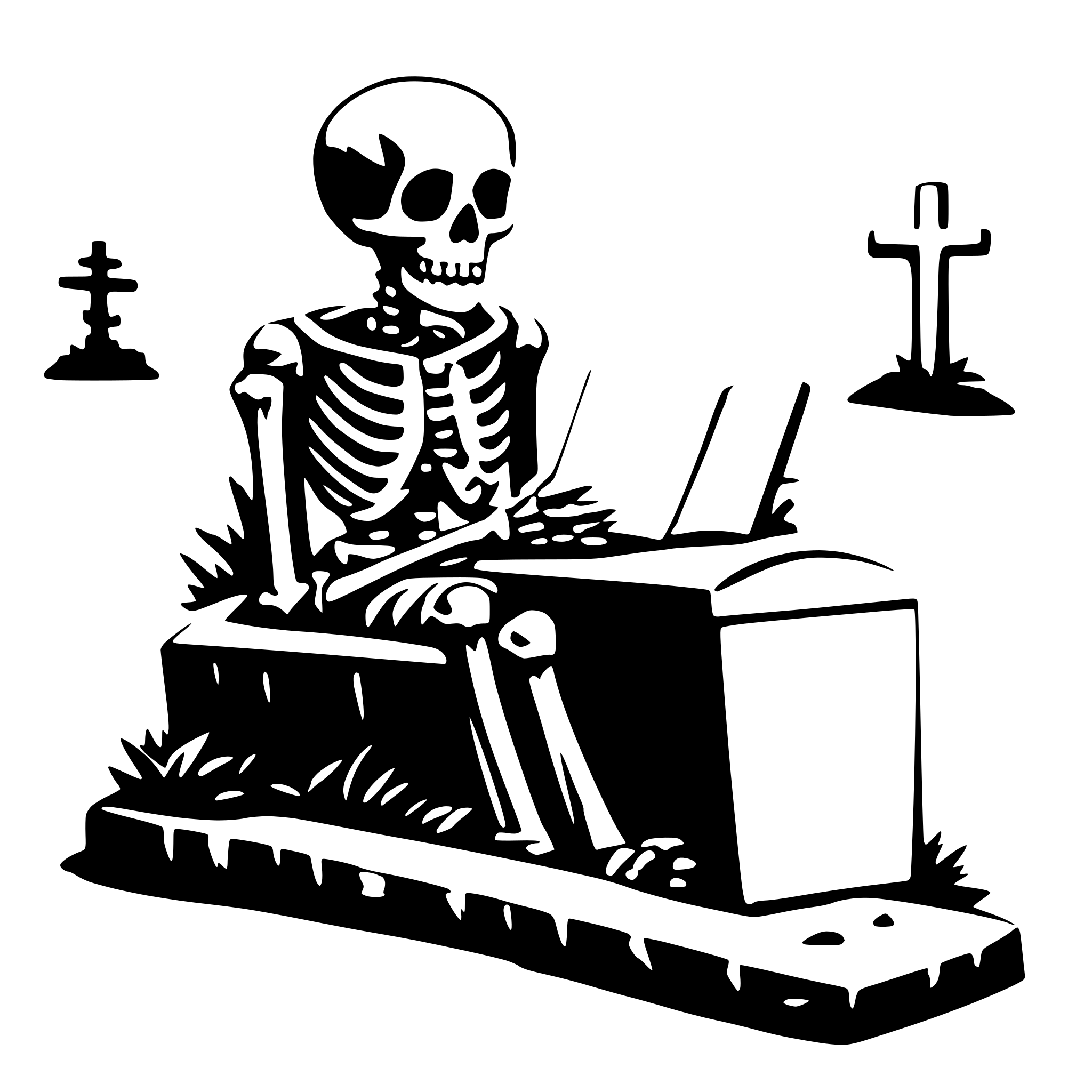 AI-generated SVG of a a skeleton reading on a grave