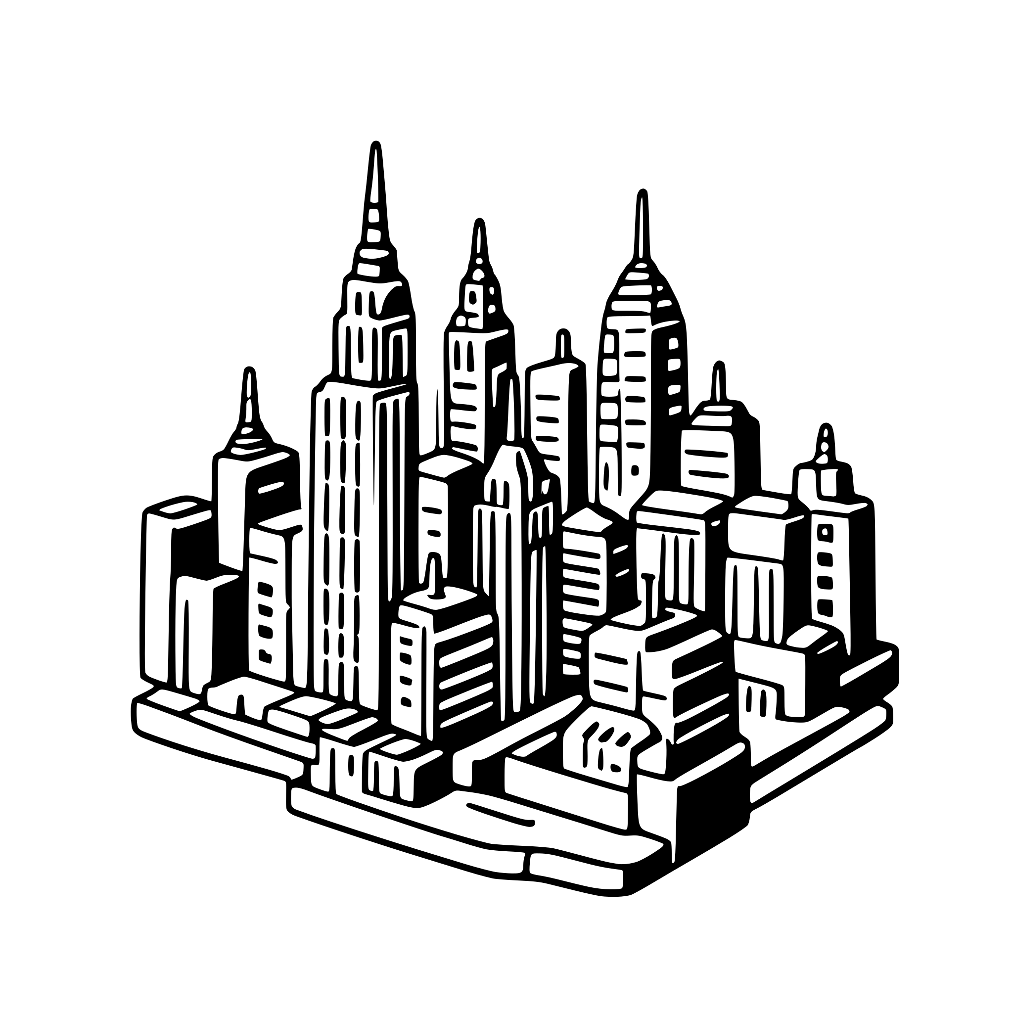 AI-generated SVG of a “Minimal‑line, monochrome night illustration of the New York City skyline. Two iconic towers dominate: the Empire State Building on the left and the Chrysler Building on the right, each rendered in thin, precise outlines and dark‑gray shading. Around them, mid‑rise rectangular buildings fill the lower half of the frame, their window grids drawn in the same subdued gray. The sky is nearly black with a very subtle vertical gradient, containing only a few tiny plus‑shaped stars and faint cloud silh