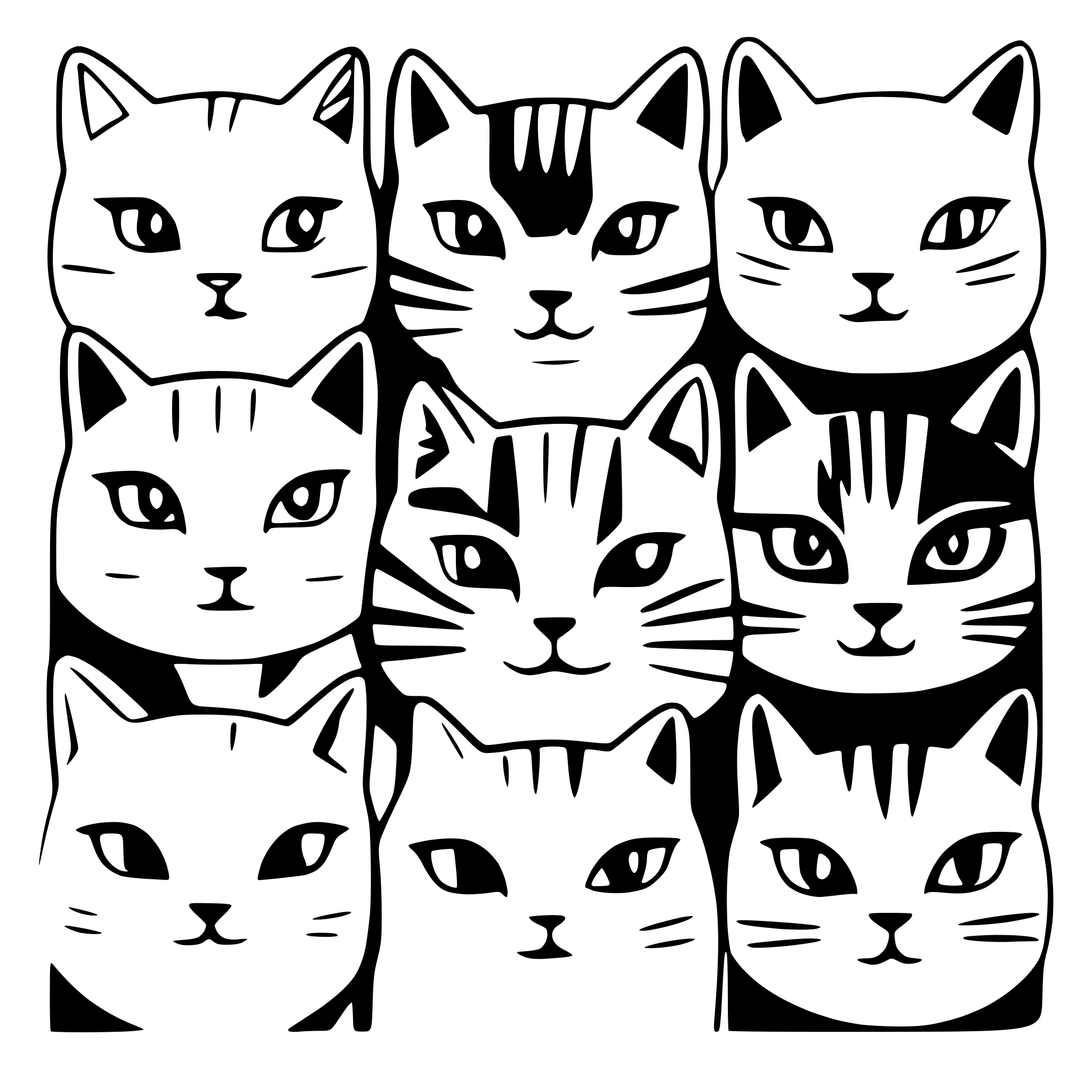 AI-generated SVG of '9 cat heads arranged in a 3 by 3 square with different type of cats'