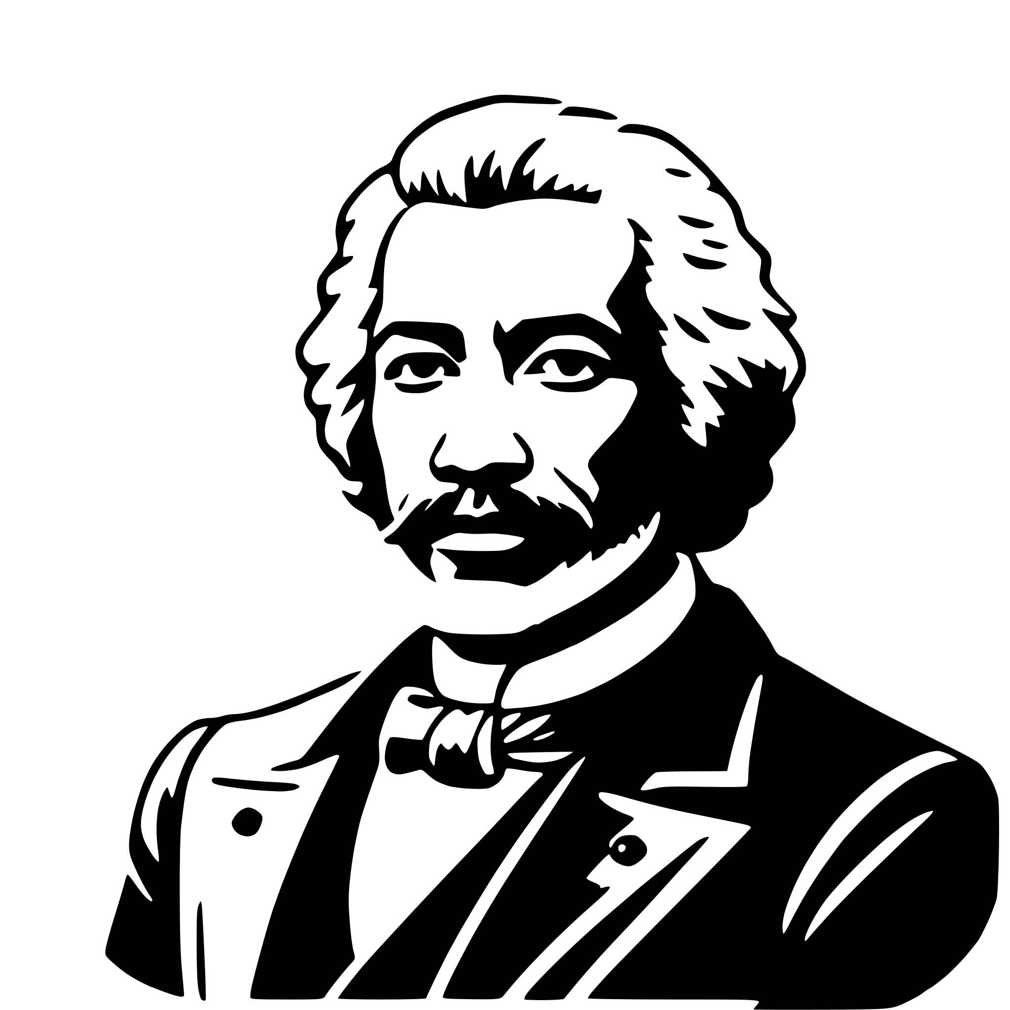 The SVG is a black and white vector illustration of a man's profile. The man has a full beard and mustache, and his hair is styled in a side part. He is wearing a dark suit with a light-colored shirt and a dark tie. The man's expression is neutral, and he is looking directly at the viewer. The illustration is stylized with clean lines and lacks any additional details or background elements. 