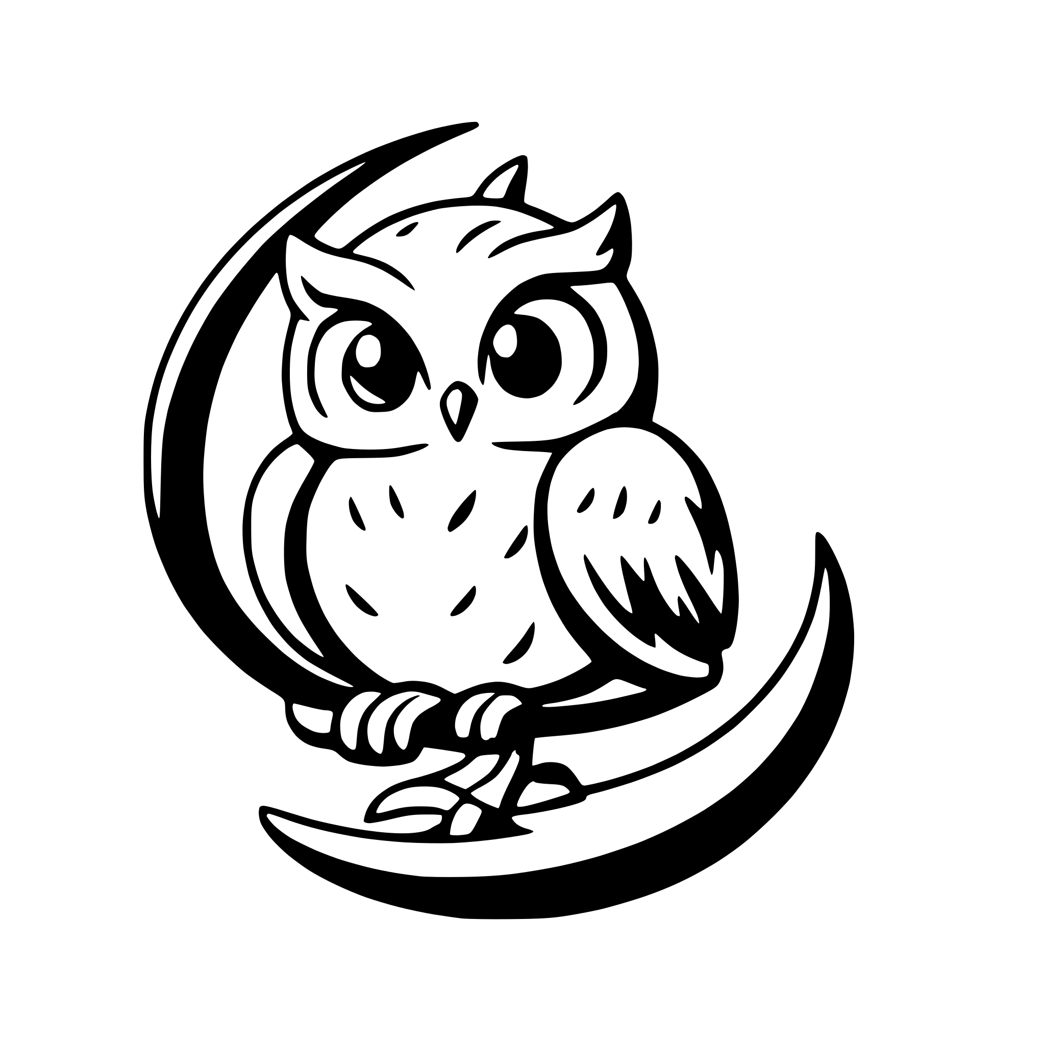 AI-generated SVG of a a sleepy owl perched on a crescent moon
