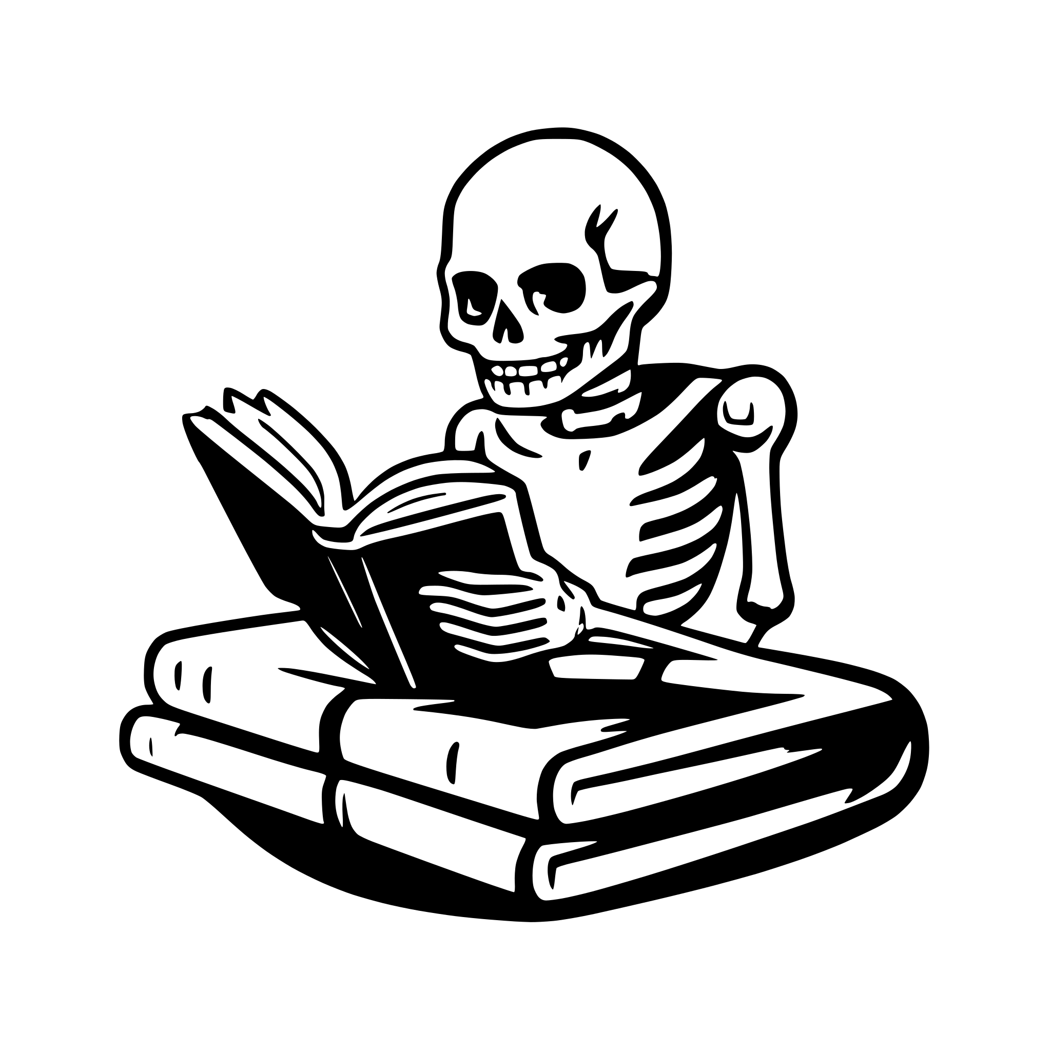 AI-generated SVG of a skeleton reading a book