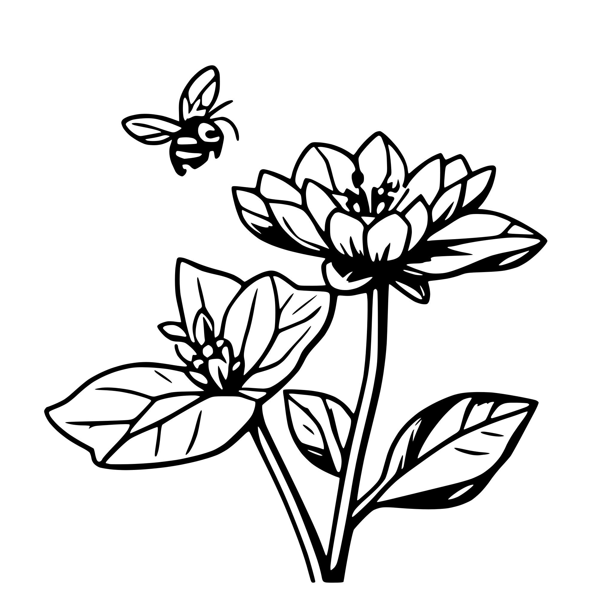 AI-generated SVG of a simple drawing of a bee hovering over a night blooming jasmine flower , minimalist black strokes.