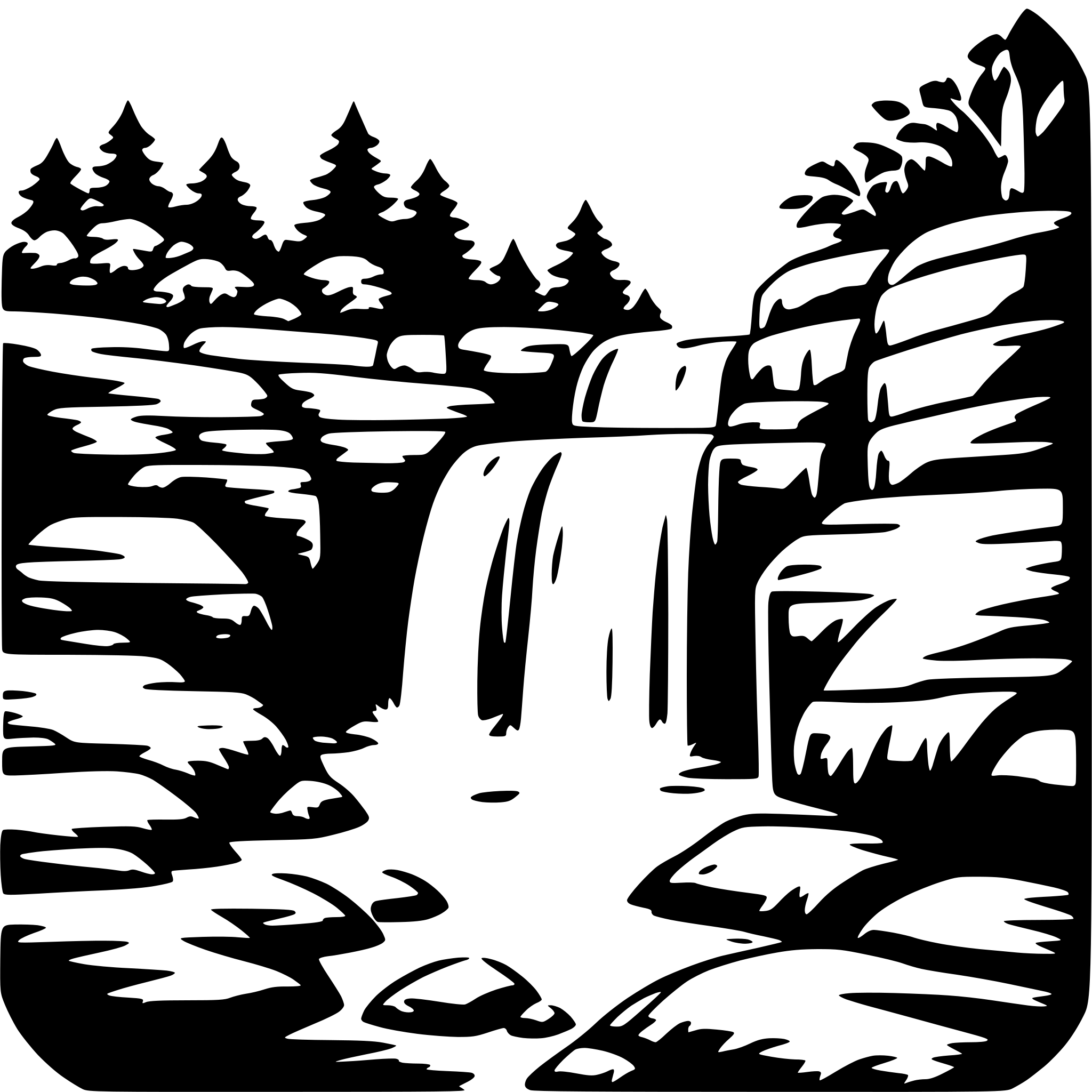 The SVG depicts a black and white illustration of a natural landscape. The main objects are a waterfall cascading down a rocky cliff, with a forested area on the left side of the SVG. The waterfall is depicted with a series of cascading water droplets, and the rocks are shown with varying textures to suggest depth and the ruggedness of the terrain. The forest consists of stylized trees and foliage, with the trees appearing to be coniferous. The overall style of the SVG is simplistic and graphic, with a clear emphasis on the contrast between the darker tones of the waterfall and rocks and the lighter tones of the water and the sky. 