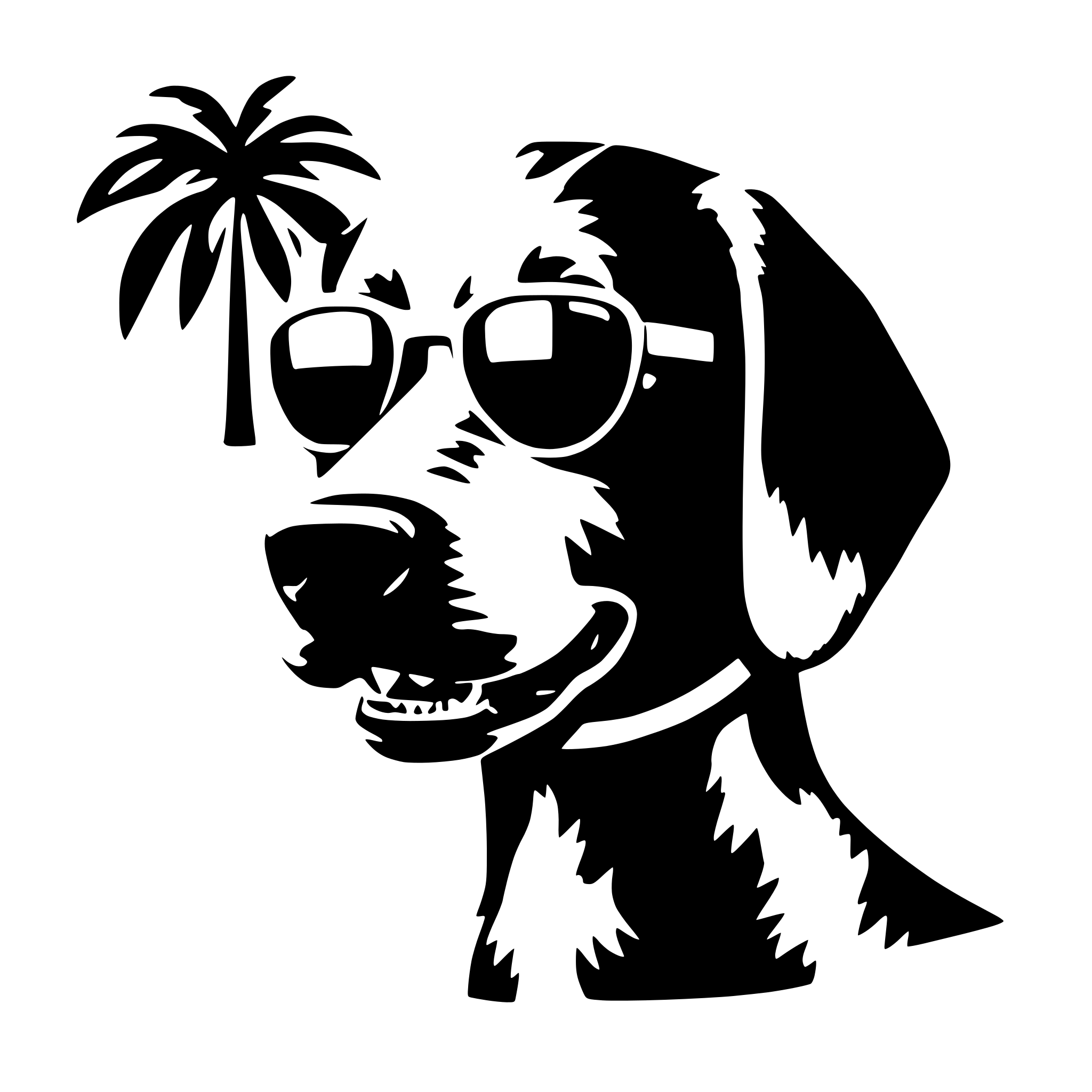 AI-generated SVG of 'plam trees are shown in the lense of the sunglasses that are on the dogs face'