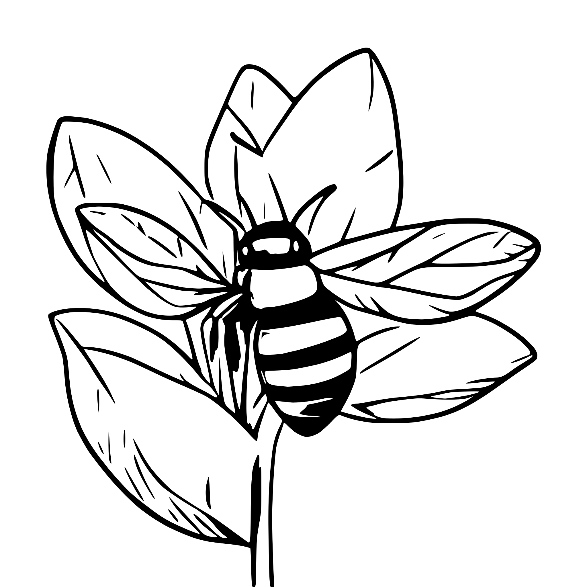 AI-generated SVG of a simple drawing of a bee hovering over a night blooming jasmine flower , minimalist black strokes.