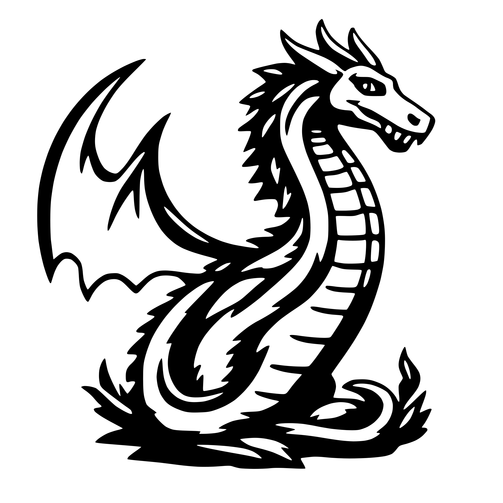 The SVG features a stylized dragon. The dragon has a long, serpentine body with scales, and it is coiled with its head raised, displaying a fierce expression. Its wings are spread out, and its tail is curled around its body. The dragon's body is adorned with a pattern that resembles a chainmail or armor-like texture. The dragon is depicted in a dynamic pose, suggesting movement or readiness for action. 