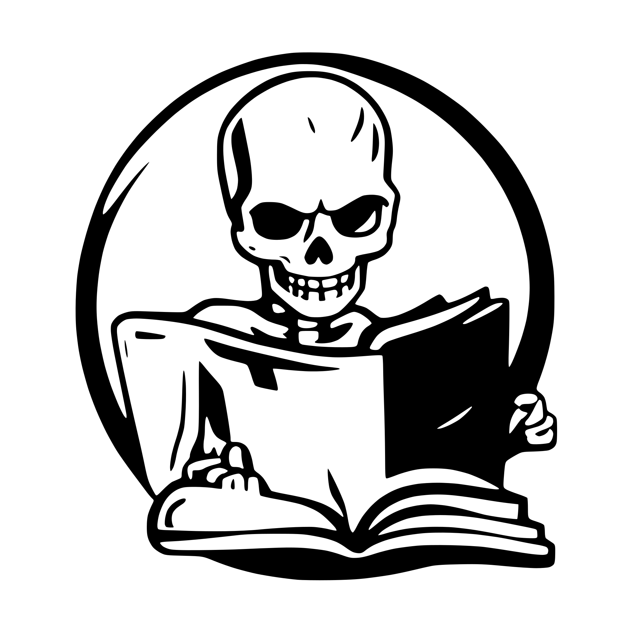 AI-generated SVG of a skeleton reading a book