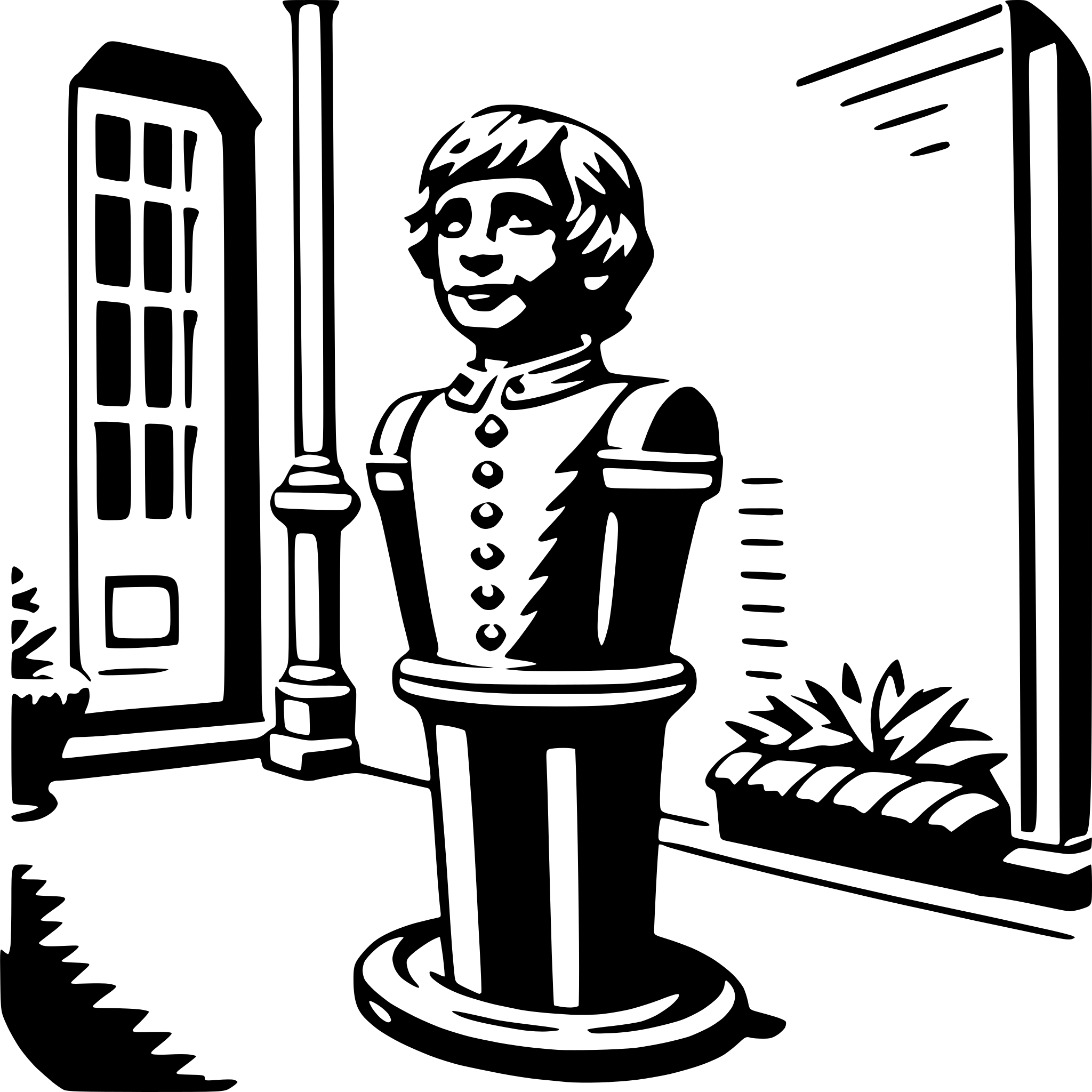 The SVG depicts a stylized, cartoon-like statue of a person standing on a pedestal. The statue is wearing a long-sleeved shirt with buttons and a collar, and it has a simple, geometric face with a small smile. The pedestal has a round base and a cylindrical body. The background shows a simplified architectural setting with a door, a window, and a plant. The statue appears to be placed on the pedestal, which is situated on a flat surface. The overall style is minimalistic and appears to be designed for a monochrome color scheme. 