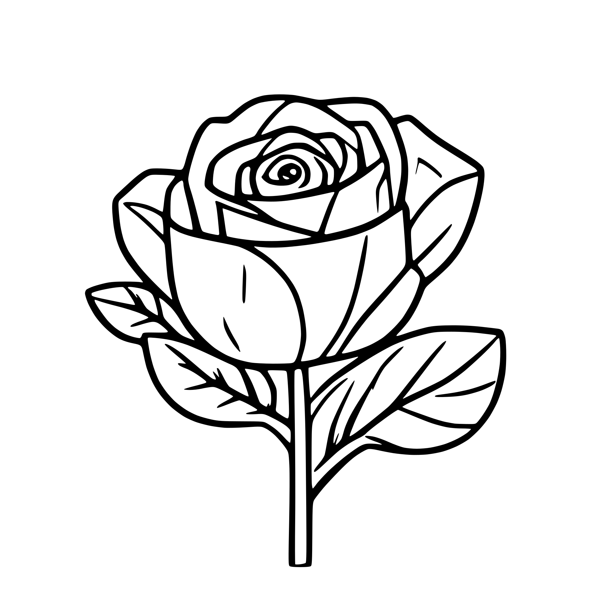 AI-generated SVG of a rose with petals simple drawing to color in, thin uniform lines with no line weight variation