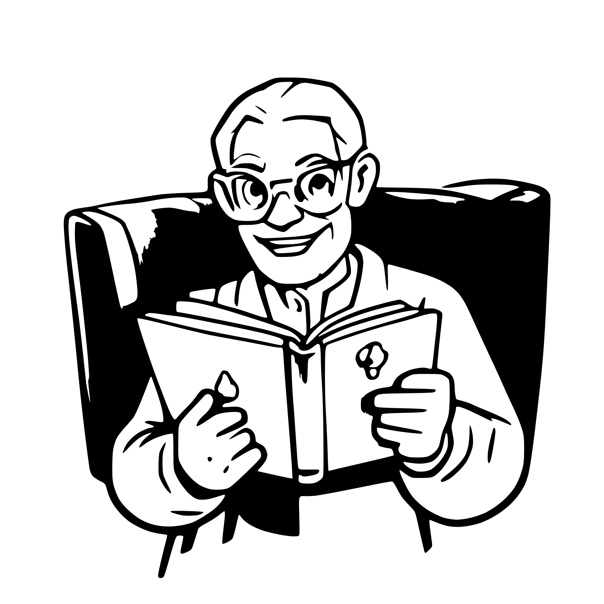 AI-generated SVG of a an elderly man with a grey beard   a book and 3 golden balls  smiling