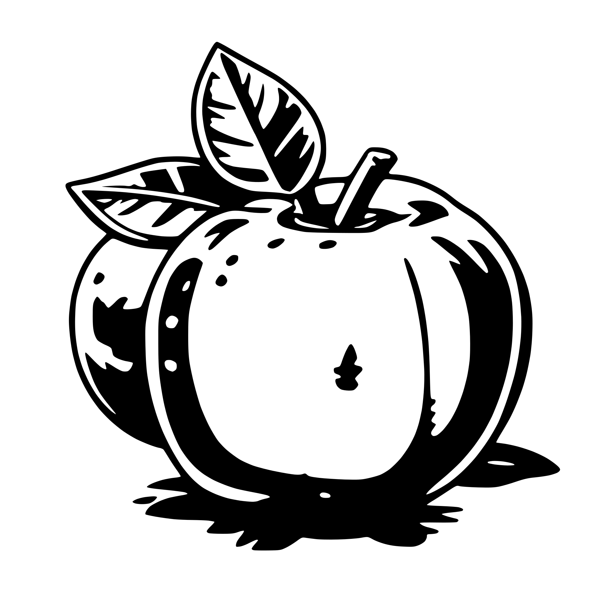 The SVG depicts a stylized apple with a stem and a leaf. The apple is shown with a simple, outline-only design, and it appears to be a solid color, likely black, against a white background. The stem is attached to the top of the apple, and the leaf is positioned on the right side of the apple, partially covering the stem. The apple is not detailed with shading or texture, giving it a flat appearance. 