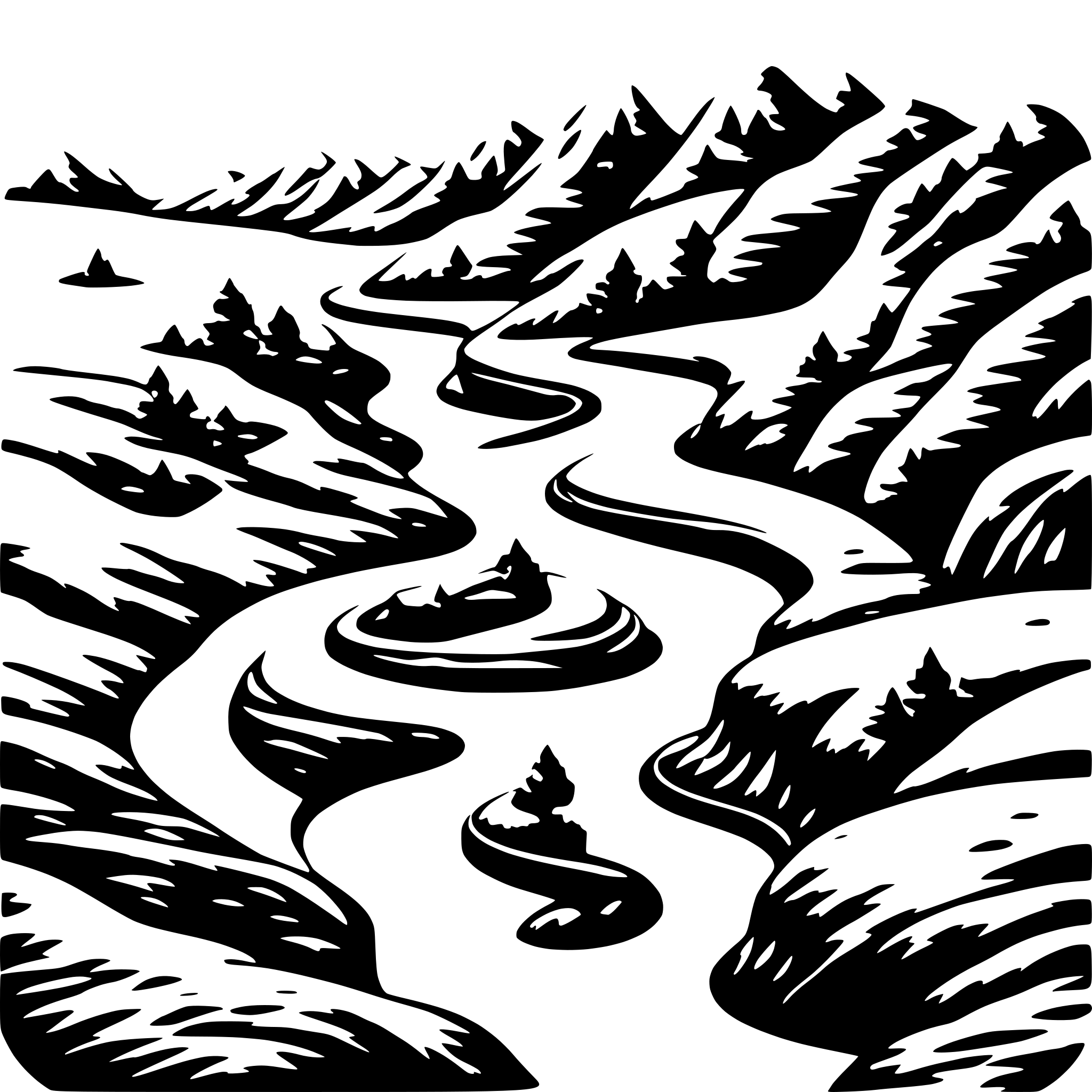 AI-generated SVG of 'A black and white SVG of a winding river cutting through two gently curved hills. The river is a single flowing line.'