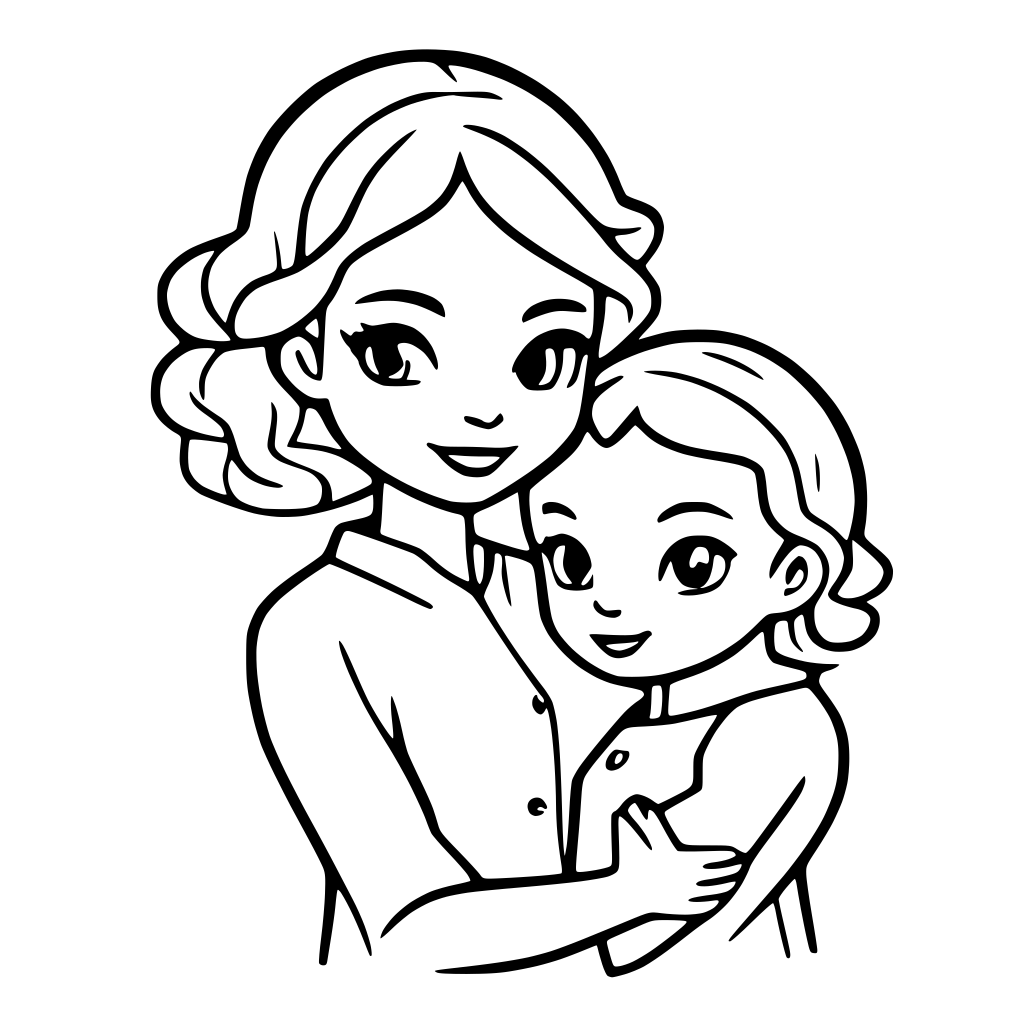 AI-generated SVG of a Line art of a cute mother holding a baby mother has has curly hair in a bun andthe baby is cute with short hair. Isolated on white background