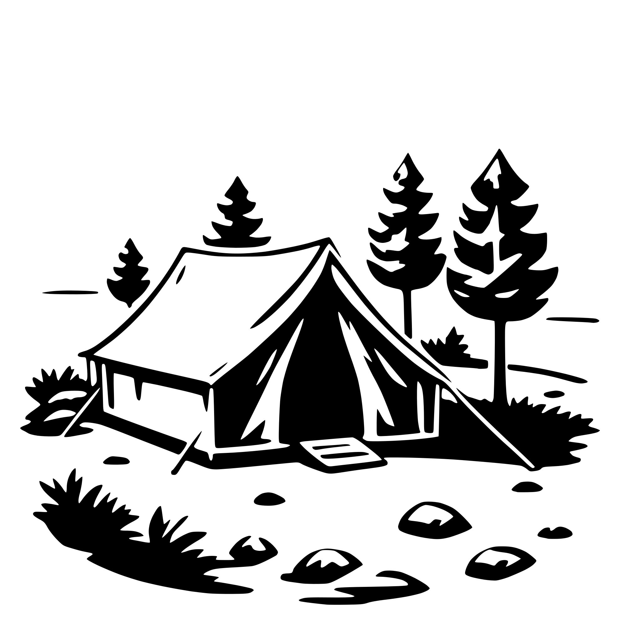 The SVG depicts a simple, stylized camping scene. At the center is a tent with a pointed roof, set up on a grassy area. The tent appears to be a dome-style tent, with a door on the front side. Surrounding the tent are three trees, each with a triangular canopy, suggesting they are evergreens. The trees are spaced evenly around the tent, with one on each side. The ground is covered with grass, and there are a few rocks scattered around the tent. The overall style is minimalistic and cartoonish, with bold outlines and no shading or coloring. The SVG does not depict any interaction between the objects; it is a static representation of a campsite. 