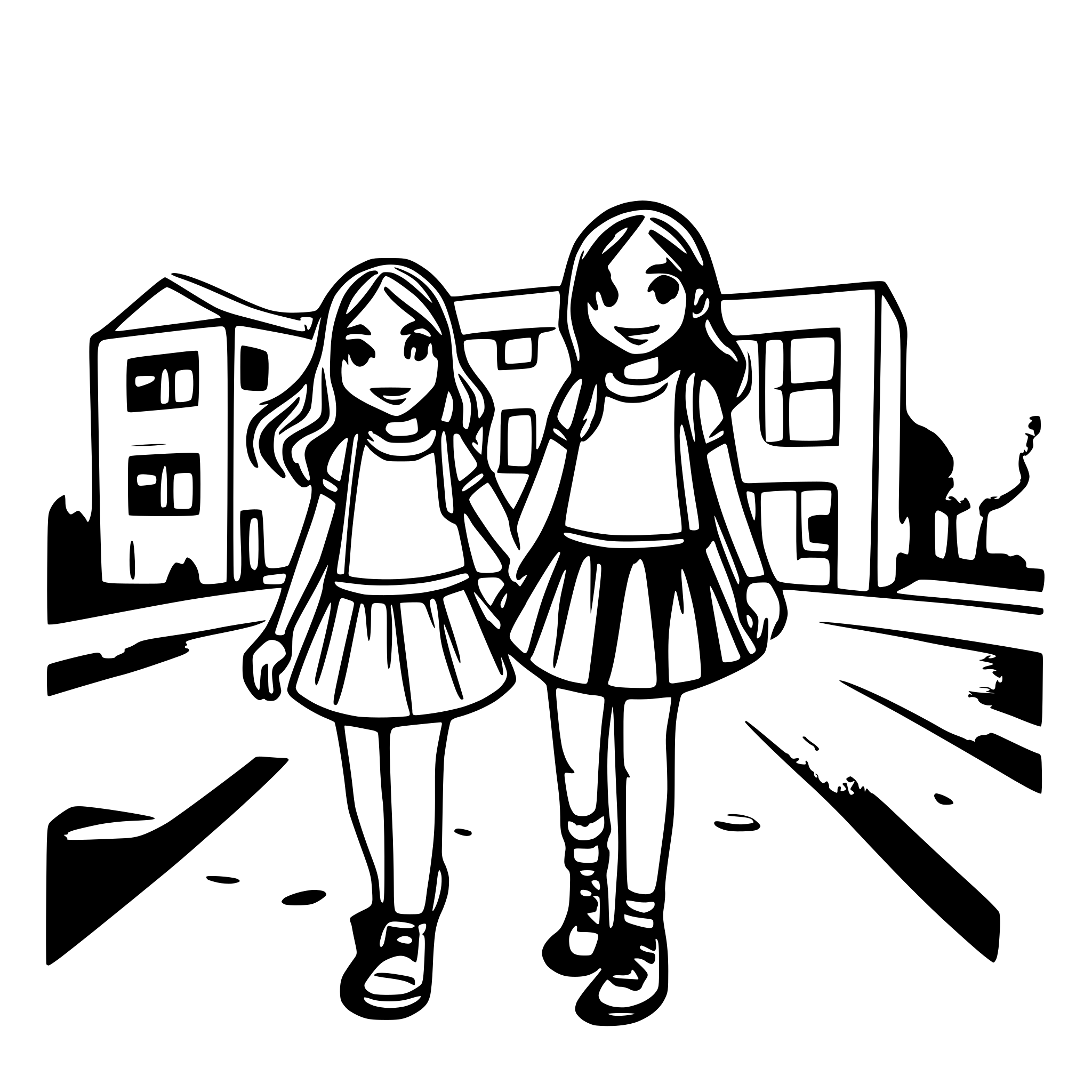 AI-generated SVG of a A black and white line art drawing of two girls, their hands intertwined, walking towards a school building on a sunny day. The school has two floors and a playground. The girls are smiling and laughing, their friendship evident in their joyful expressions.