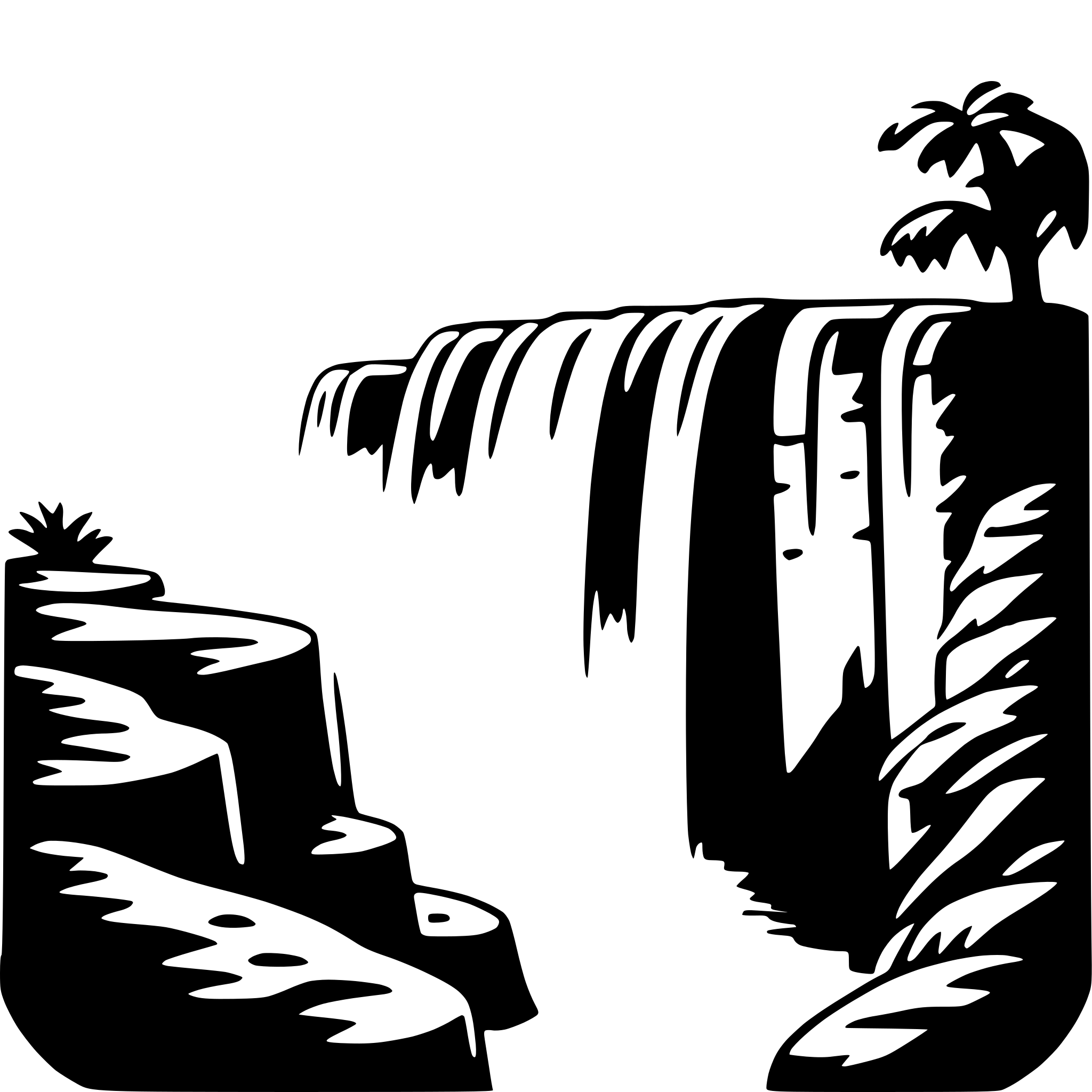 The SVG depicts a stylized landscape scene. On the left side, there is a cliff with a few trees and a small cactus. The cliff has a jagged edge and appears to be made of rock. In the center, there is a path leading towards a waterfall. The waterfall is depicted with a cascading effect, suggesting movement and the sound of falling water. On the right side, there is a smaller cliff with a single tree on top. The overall style is simplistic and uses solid black lines against a white background, which gives it a graphic and illustrative quality. The SVG does not contain any text or additional elements. 