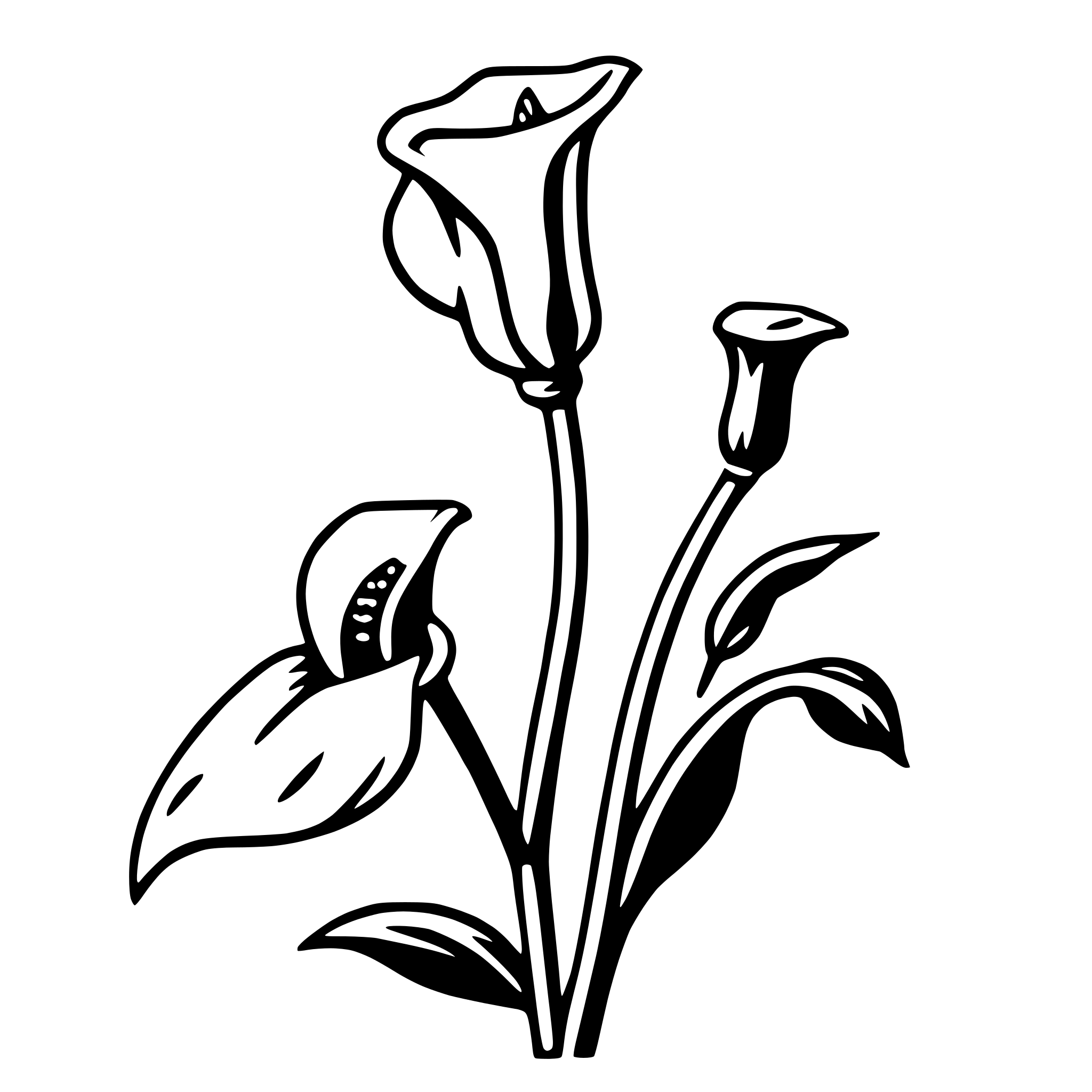 The SVG depicts a stylized black and white illustration of a flower with three petals and a stem with two leaves. The flower is in the center, with the stem and leaves extending outward. The petals are open, revealing the interior of the flower. The leaves are attached to the stem and have a simple, elongated shape. The overall style is minimalistic and appears to be a line drawing with no shading or color. 