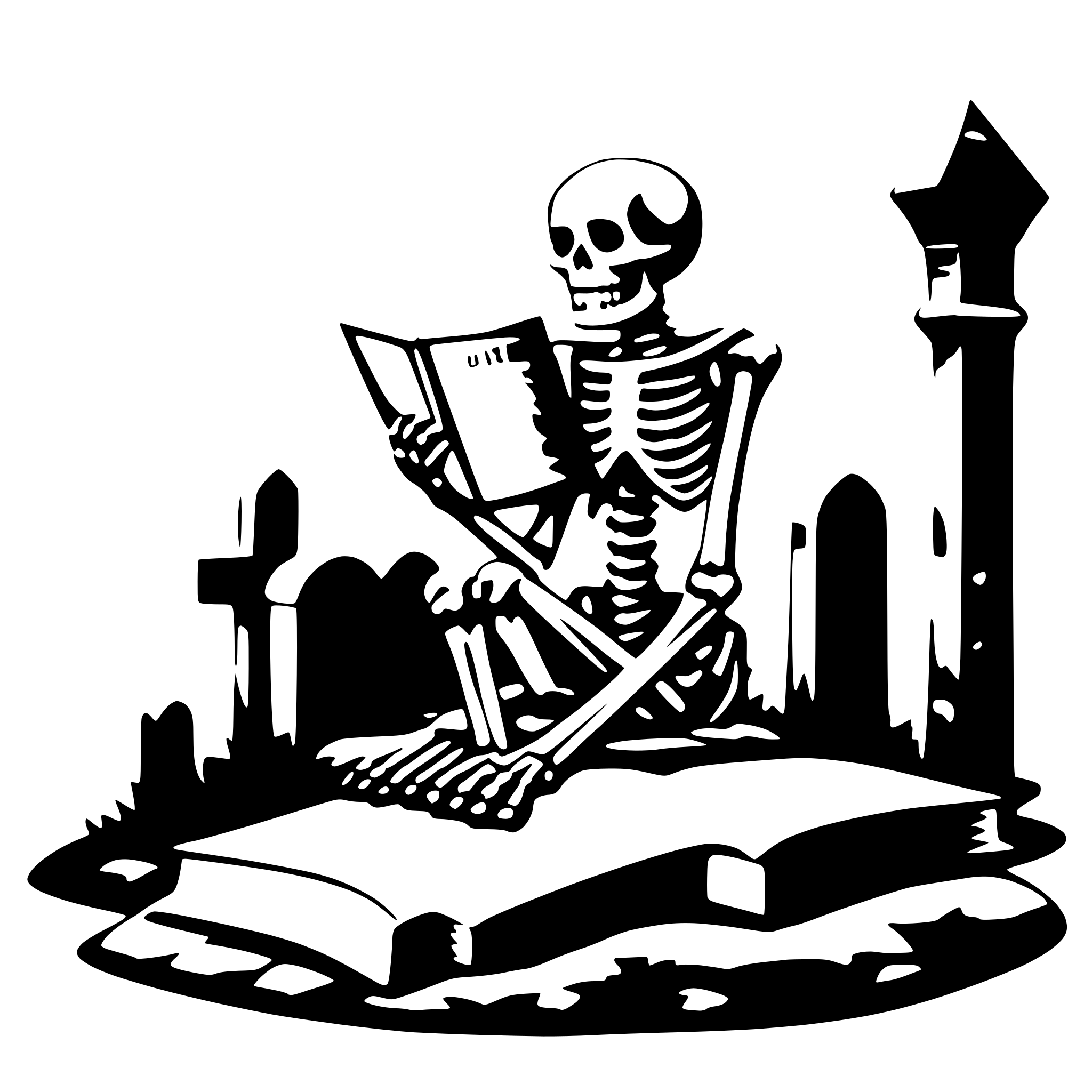 AI-generated SVG of a a skeleton on a cemetery reading a big book