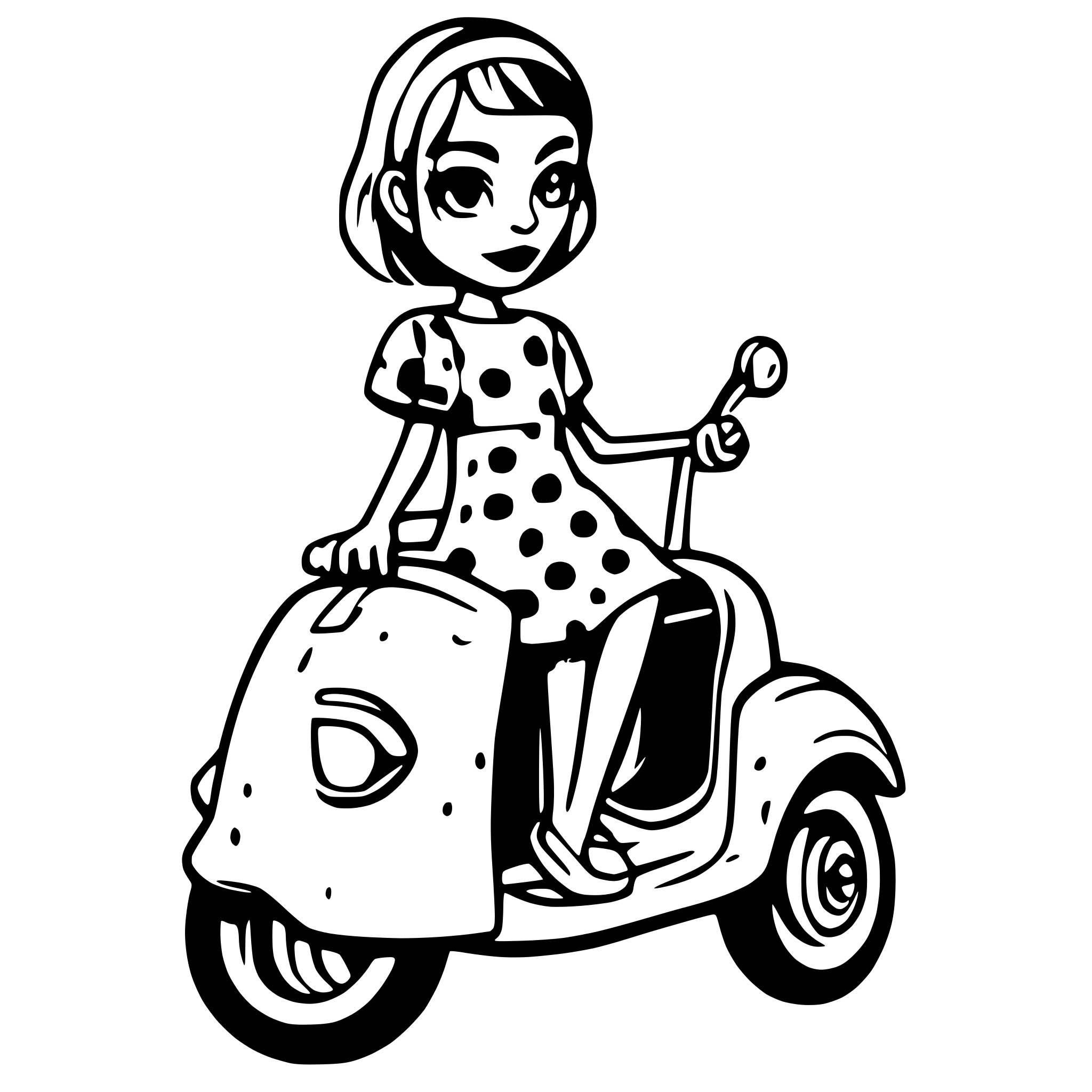 AI-generated SVG of a Girl on a driving vespa Scooter with short hair with a Polka dot dress