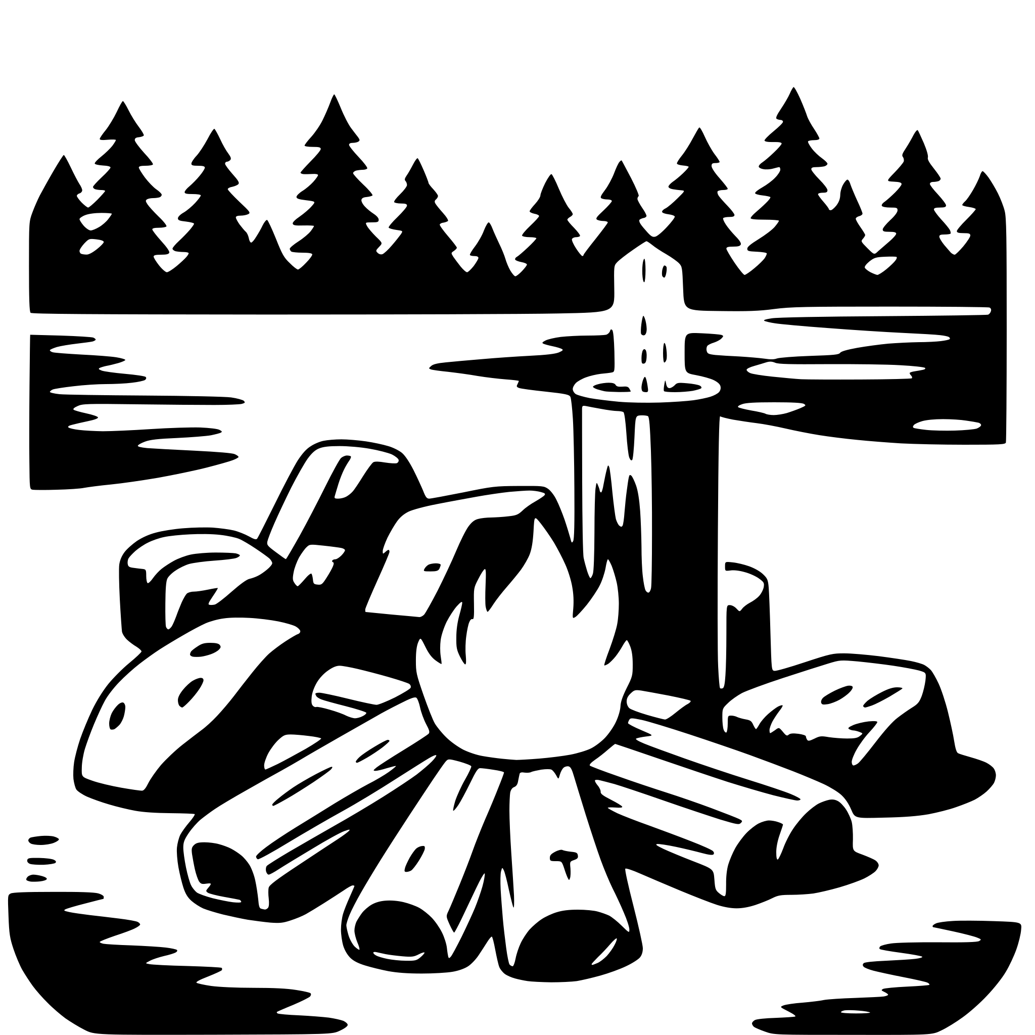 The SVG depicts a campfire scene. At the center, there is a fire with flames and a glowing ember. Surrounding the fire are several logs, arranged in a circular pattern, suggesting they are part of the fire. In the background, there is a dark silhouette of a forest with trees and a body of water, possibly a lake or river. The overall style of the SVG is simplistic and uses a limited color palette, focusing on black and white. The SVG does not contain any text. 
