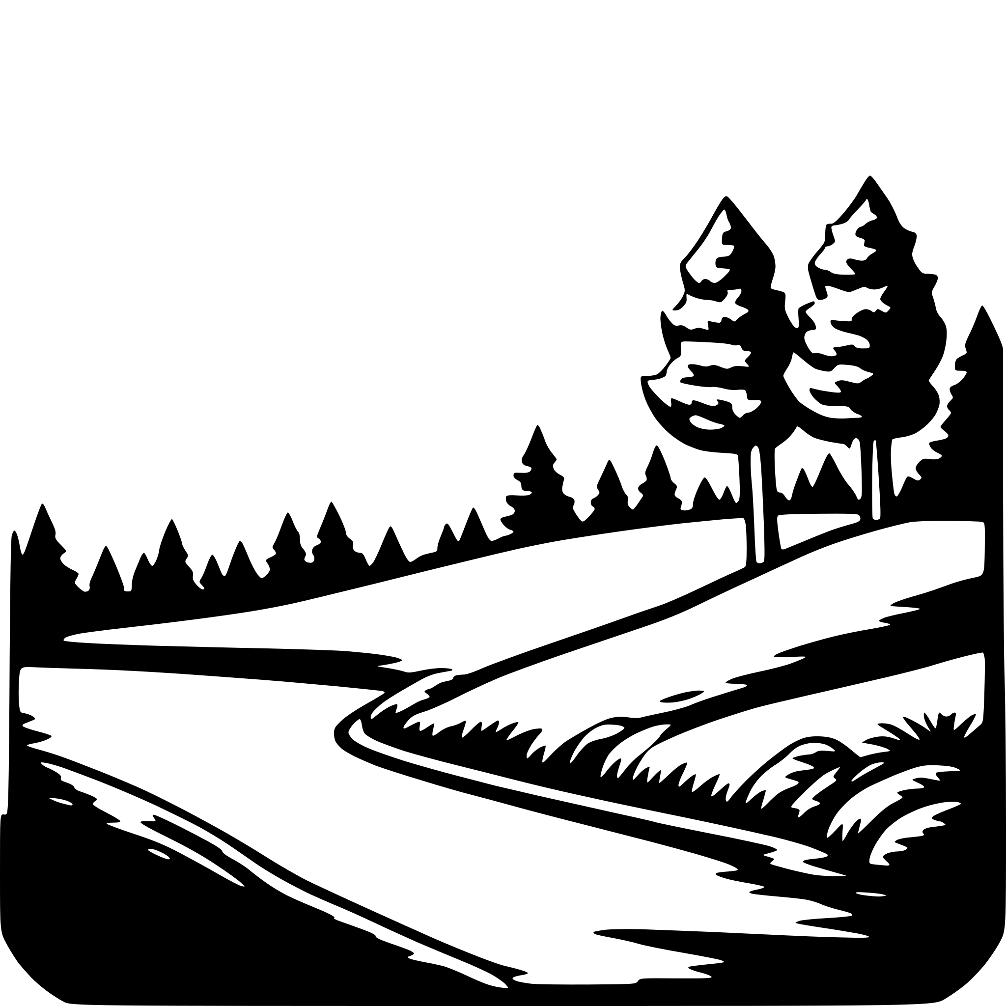 The SVG depicts a stylized landscape scene. It features a winding road that curves gently to the right, with a series of trees on the left side of the road. The trees are depicted in a simplified manner, with a few lines to represent their trunks and branches, and a simple outline to suggest the foliage. The road is shown with a slight shadow, indicating a sense of depth and perspective. The background is a plain, light color, which contrasts with the darker tones of the trees and road, enhancing the visual impact of the SVG. The overall style is minimalistic and graphic, with a focus on clean lines and shapes. 