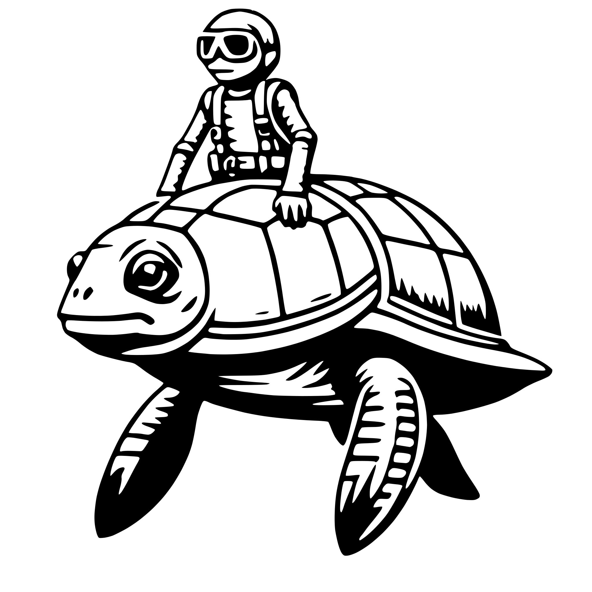 The SVG depicts a cartoon-style illustration of a turtle with a human-like figure riding on its back. The turtle is shown with a detailed shell pattern, a prominent head with large eyes, and a smiling mouth. The rider is wearing a helmet with goggles, a harness, and a backpack, suggesting an adventurous theme. The rider's arms are outstretched, and they appear to be enjoying the ride. The interaction between the turtle and the rider is playful and whimsical, as it is not a typical scenario to see a human riding on the back of a turtle. 
