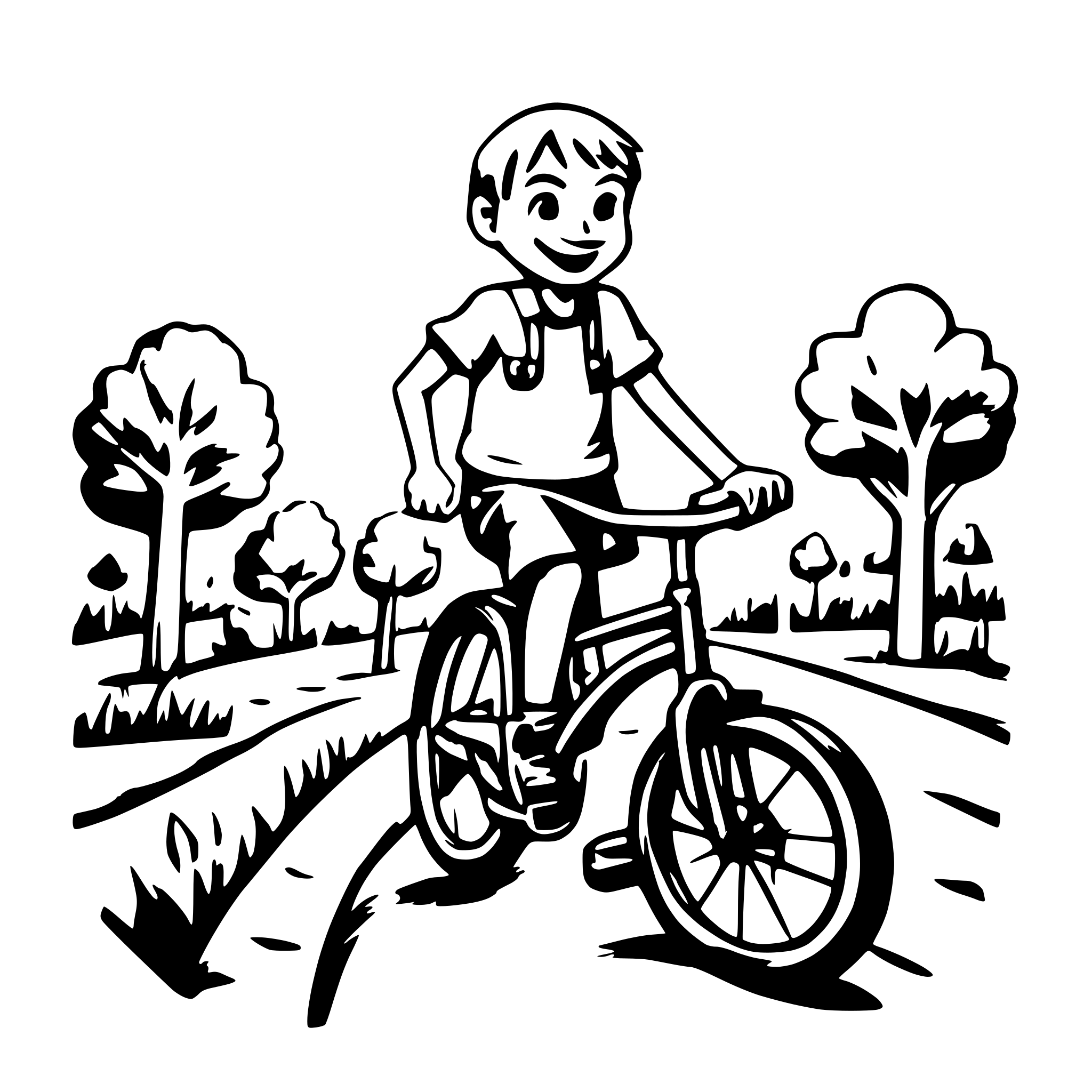 AI-generated SVG of a Boy on bicycle with smile in garden running away from old man with shovel