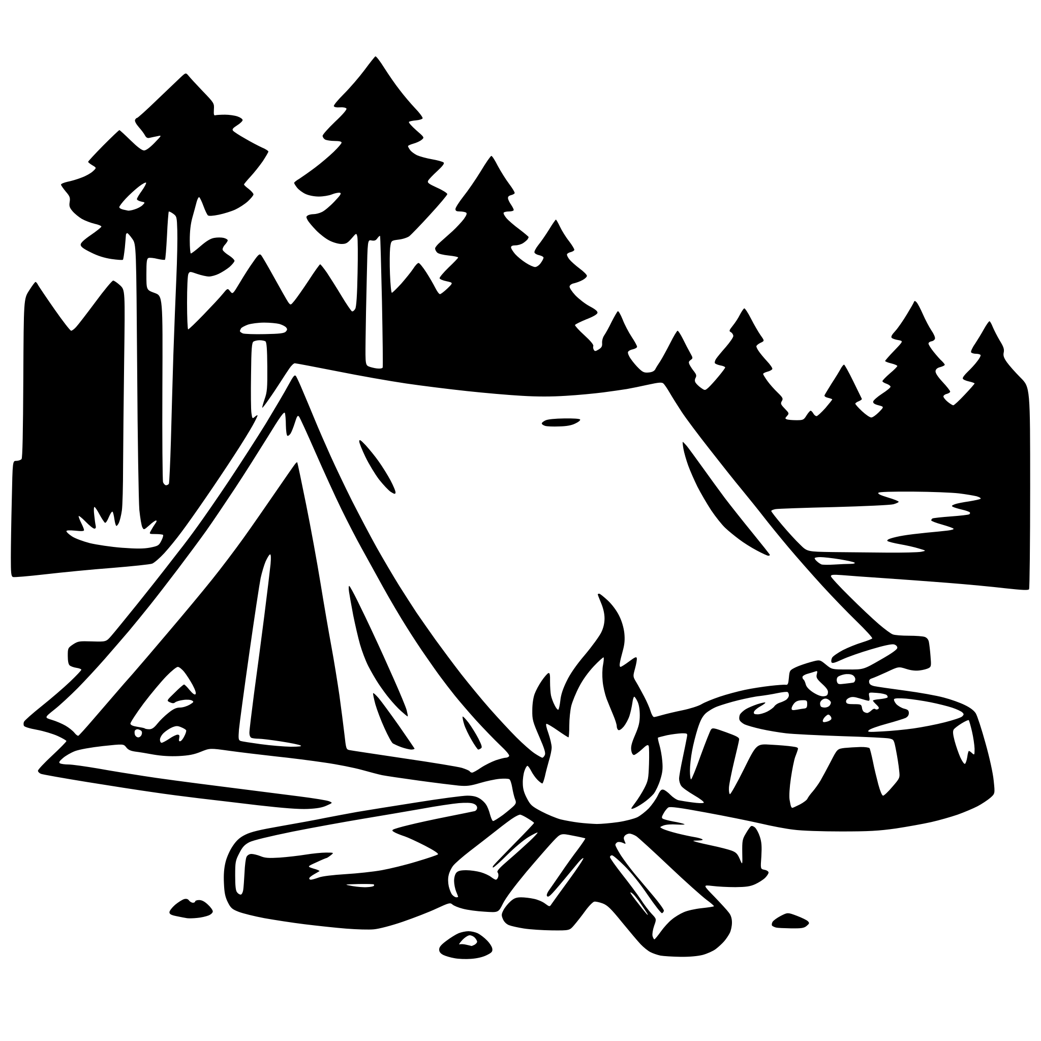 The SVG depicts a simple, stylized camping scene. At the center is a tent with a triangular roof, pitched on the ground. To the right of the tent, there is a campfire with flames and a pile of wood. In front of the tent, there is a small, round object that could be a cooking pot or a lantern. The background features silhouettes of trees and a body of water, suggesting a natural, outdoor setting. The SVG is minimalistic and uses solid black lines and shapes against a white background. 