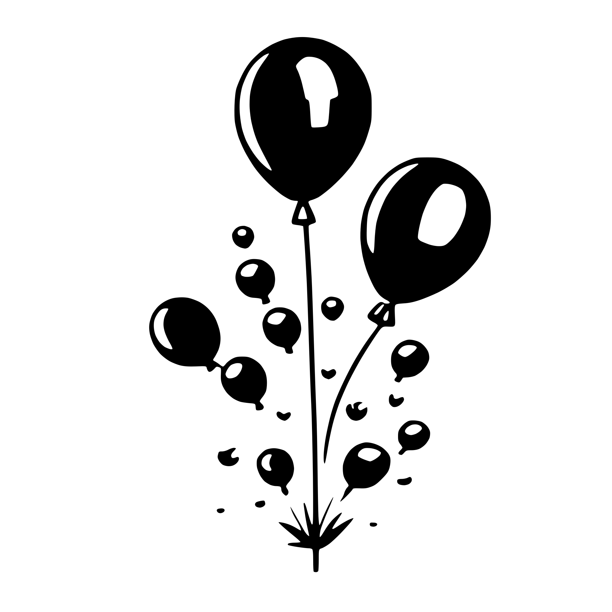 The SVG depicts a stylized black and white illustration of a balloon with a stem and leaves, and several smaller balloons floating around it. The main balloon is larger and has a pointed tip, while the smaller balloons are round and have a more rounded shape. The stem and leaves are simple, with the stem being straight and the leaves being small and curved. The balloons are connected to the stem by thin lines, suggesting that they are attached and floating in the air. The overall impression is that of a bunch of balloons, possibly indicating a celebration or event. 