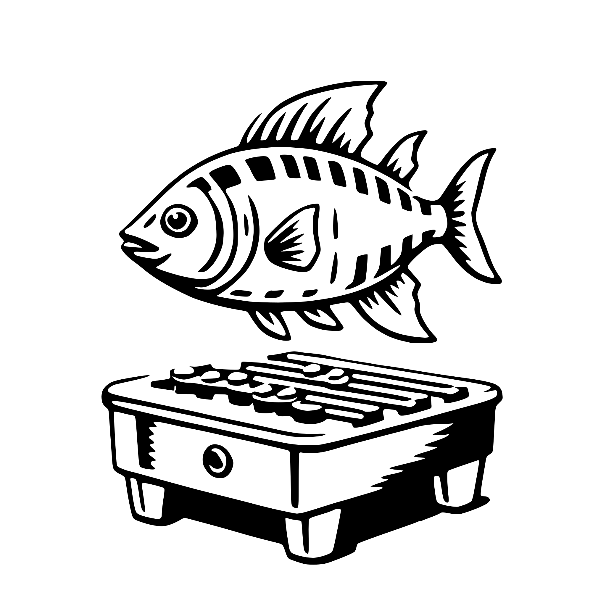 The SVG depicts a stylized illustration of a fish leaping out of the water onto a keyboard. The fish is shown with a simplified design, featuring a body with stripes, a dorsal fin, and a tail fin. It is positioned above the keyboard, which has a series of keys that are likely intended to represent piano keys. The fish appears to be in mid-air, suggesting a dynamic and playful scene. The interaction between the fish and the keyboard is not realistic, as fish do not typically interact with keyboards in this manner. The SVG is likely intended to be humorous or whimsical, combining elements of nature with a human-made object. 