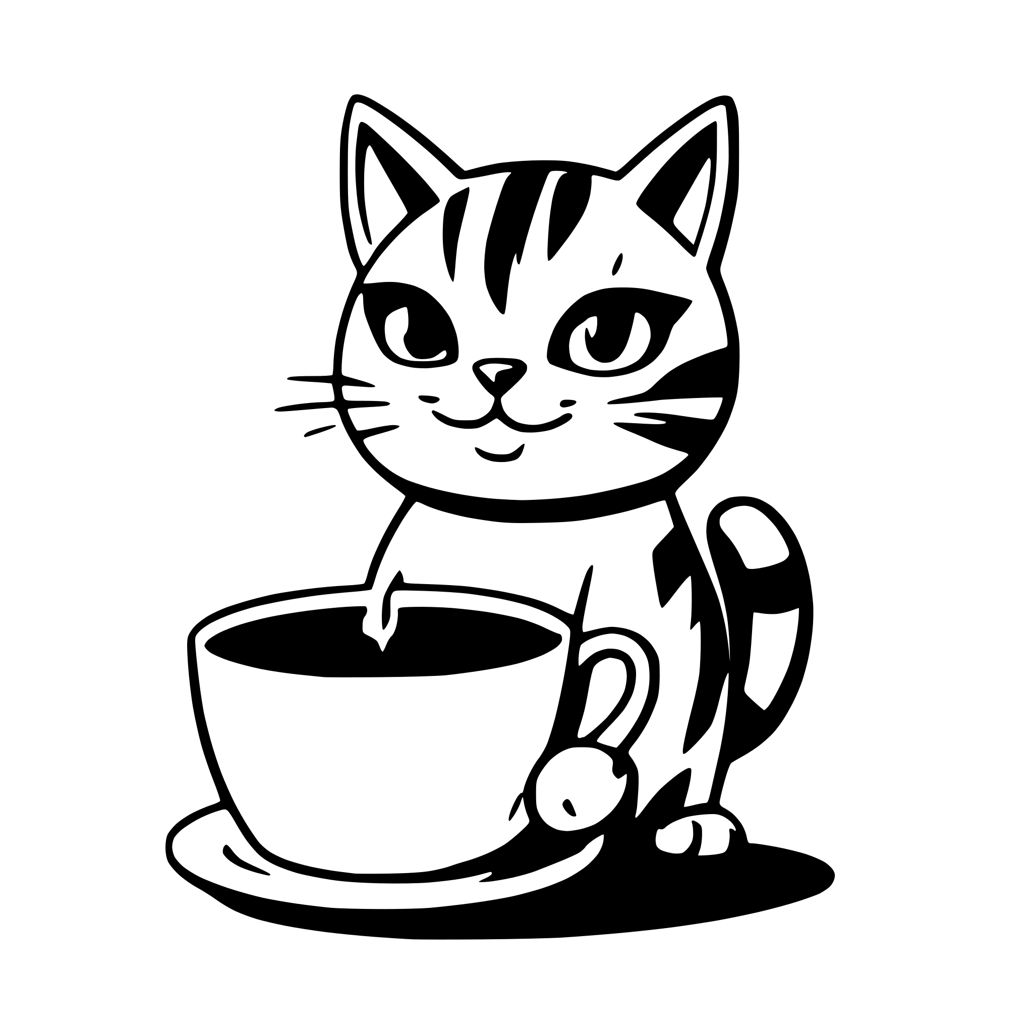 AI-generated SVG of a A tabby cat holding a coffee mug with steam rising from it