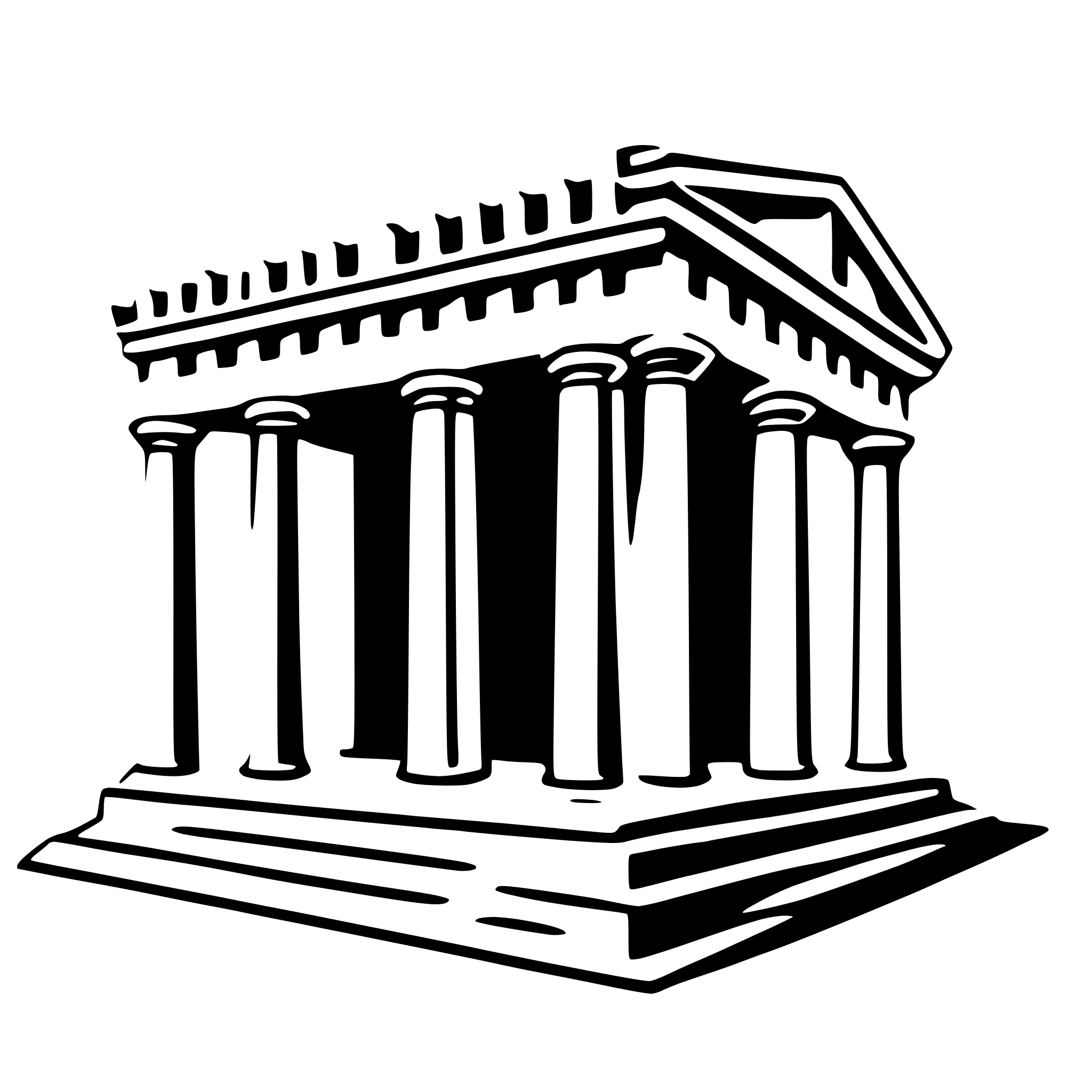 The SVG depicts a classical-style building with a symmetrical facade. The building features a central pediment with a triangular gable, supported by columns on either side. The columns are tall and slender, with a series of horizontal lines that suggest a fluted design, which is characteristic of Doric architecture. The roof of the building is not visible, but the structure appears to be a one-story building with a flat roofline. The SVG is a vector graphic, which means it is composed of lines and shapes that can be scaled without losing quality. The graphic is simple and does not contain any additional elements or text. 