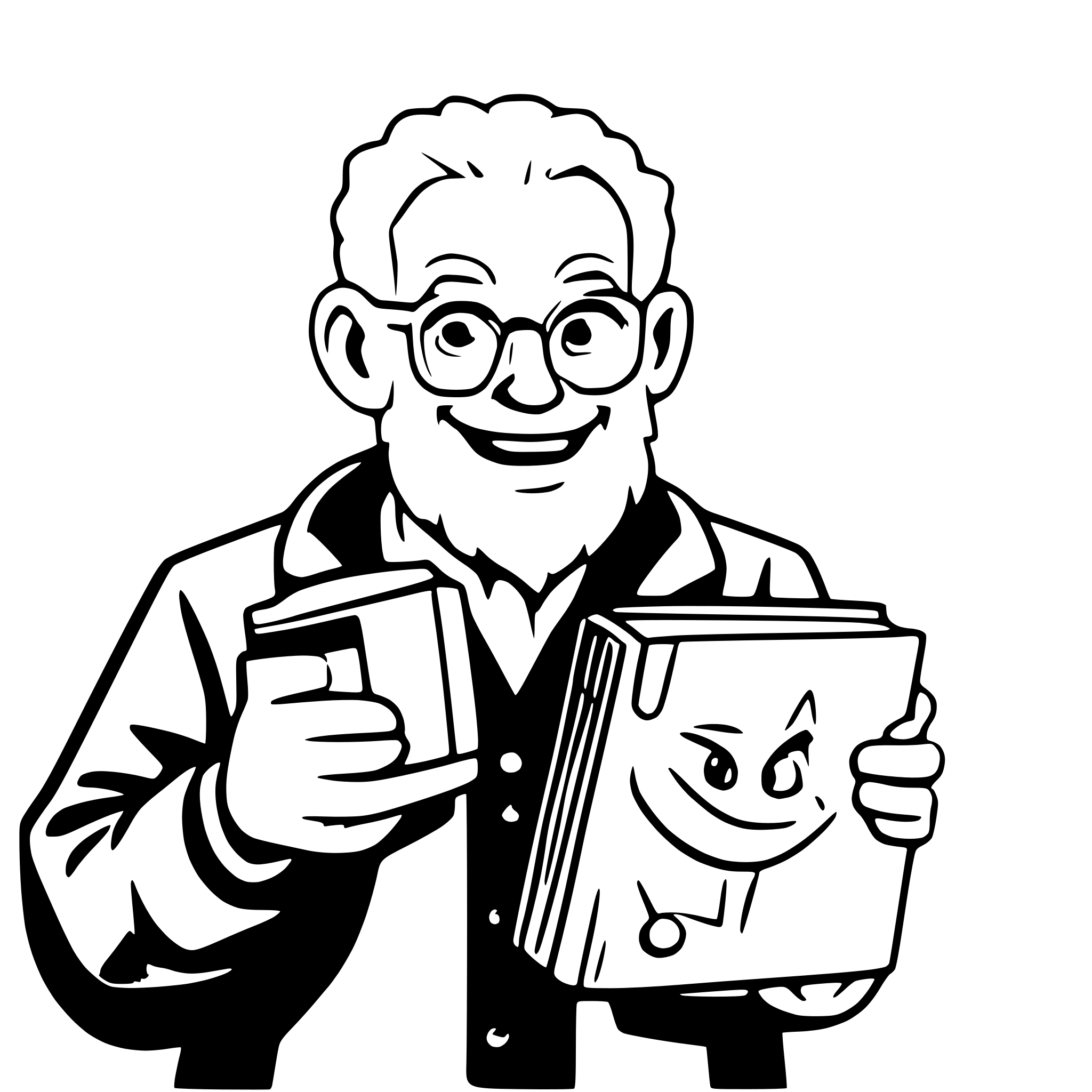 AI-generated SVG of a an elderly man with a grey beard   a book and 3 golden balls  smiling