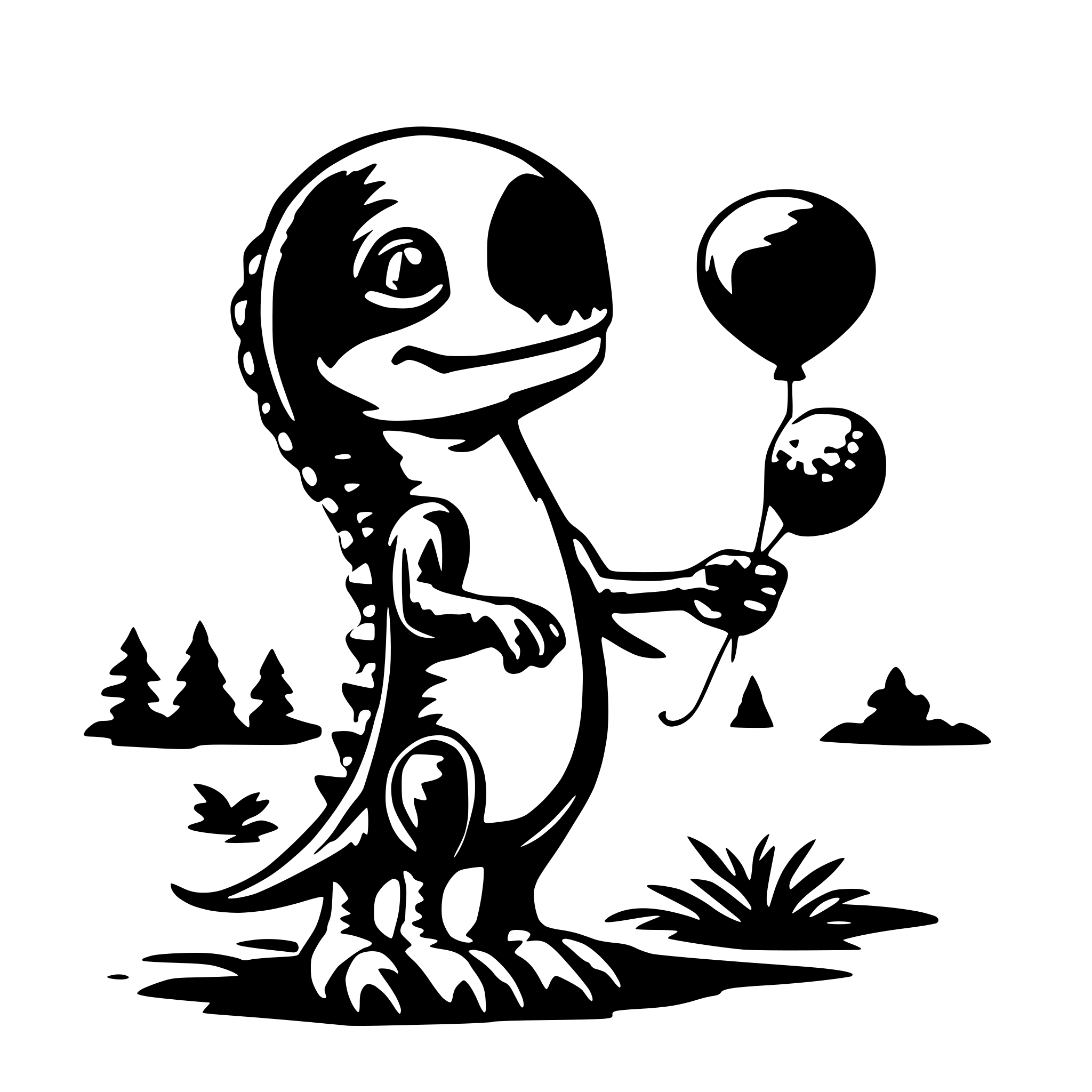 AI-generated SVG of a a funny dionosaur holding a luftbaloon in his hands