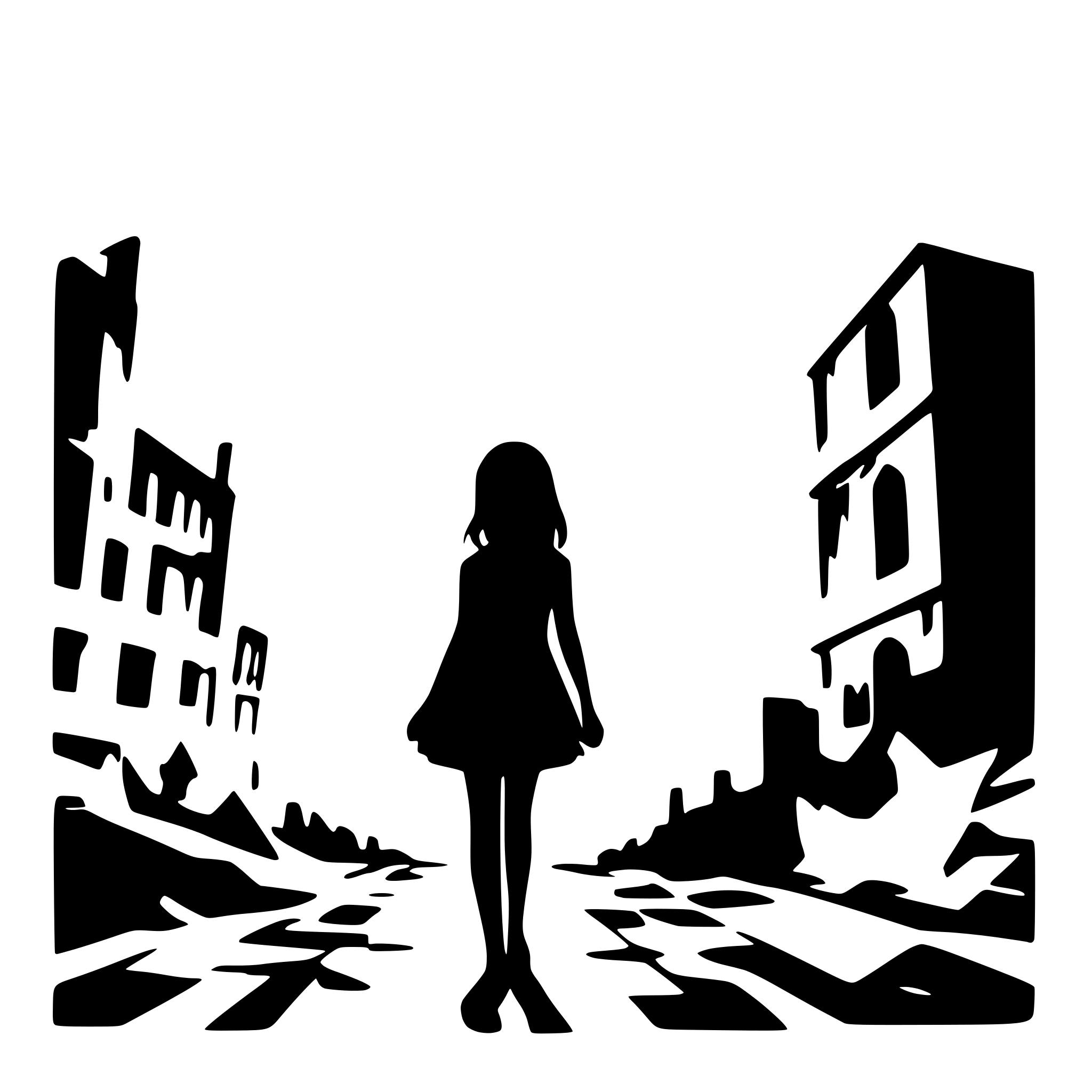 AI-generated SVG of a a creepy girl floating in a destroyed city laneway silhouette AI-generated SVG of a a creepy girl floating in a destroyed city laneway silhouette