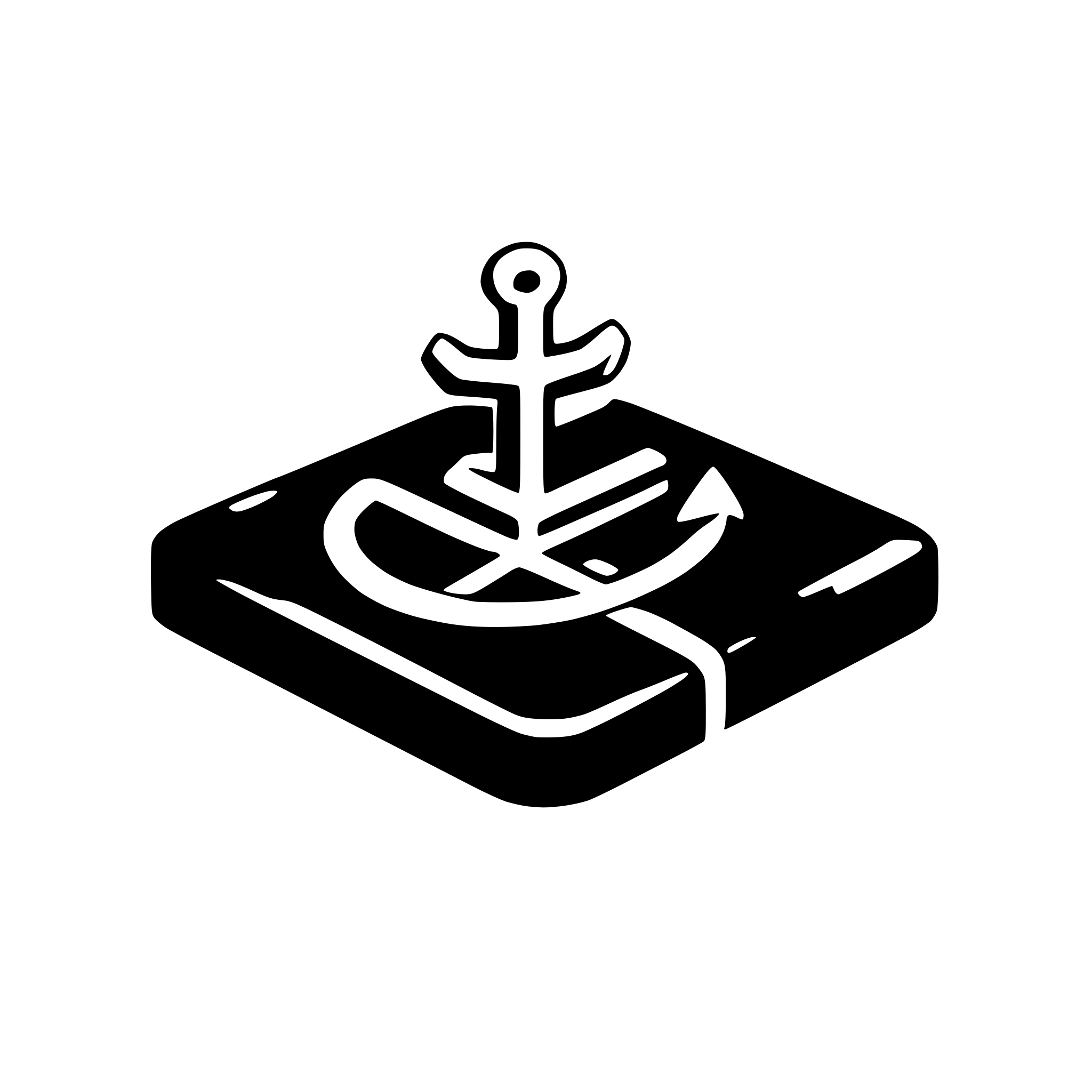 AI-generated SVG of a minimalist vector icon, square with rounded corners, smooth gradient from sky blue to navy blue, centered dark blue anchor symbol with rounded edges and circular top loop, geometric design, semi-transparent dock platform at bottom with subtle curve, four white square placeholders evenly spaced on platform, flat material design aesthetic, clean lines, no textures or complex shadows, modern UI style, app icon design