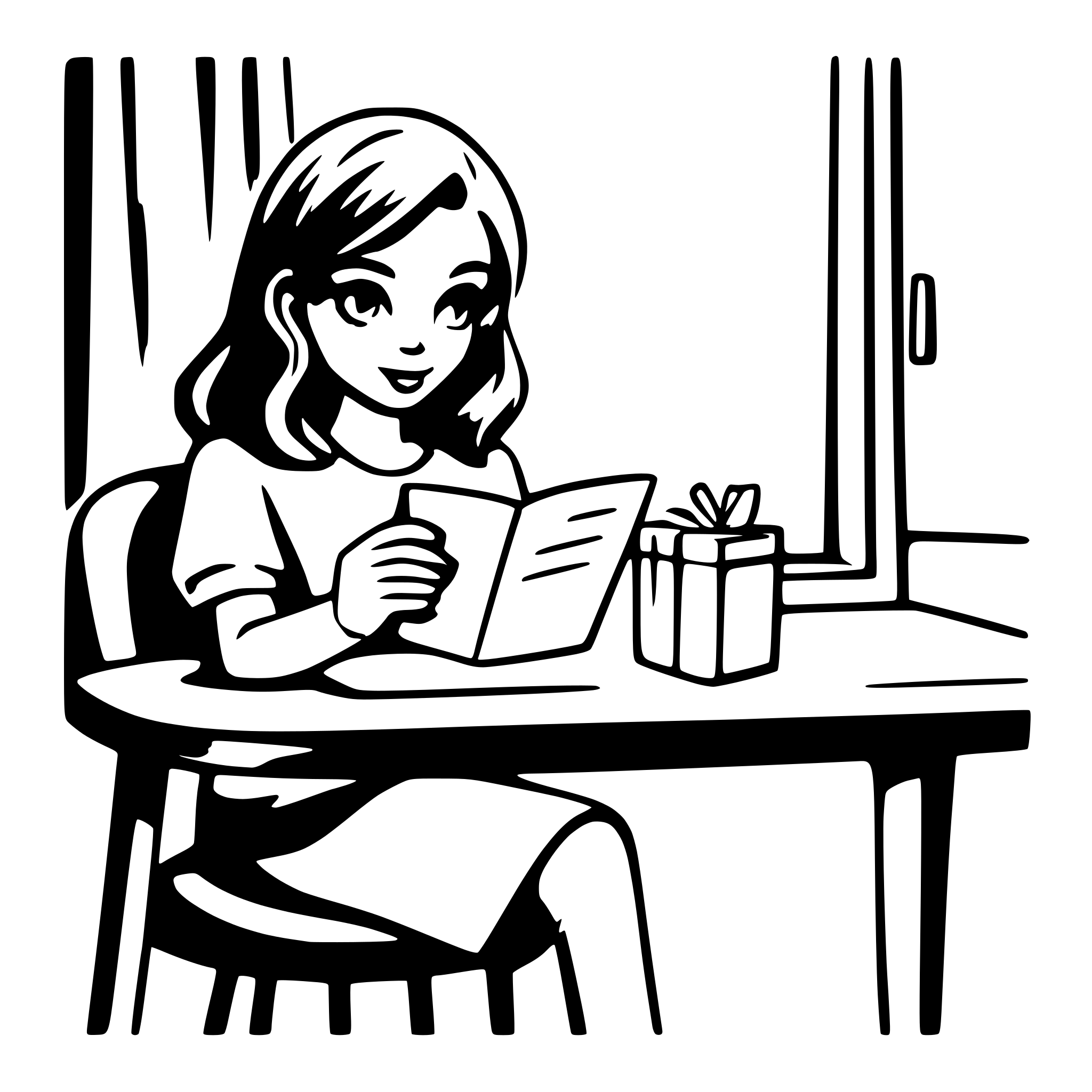 AI-generated SVG of a A gender-neutral person sits by a window, reading a small card. The scene is minimal with no view beyond the window. The content of the card remains unseen.