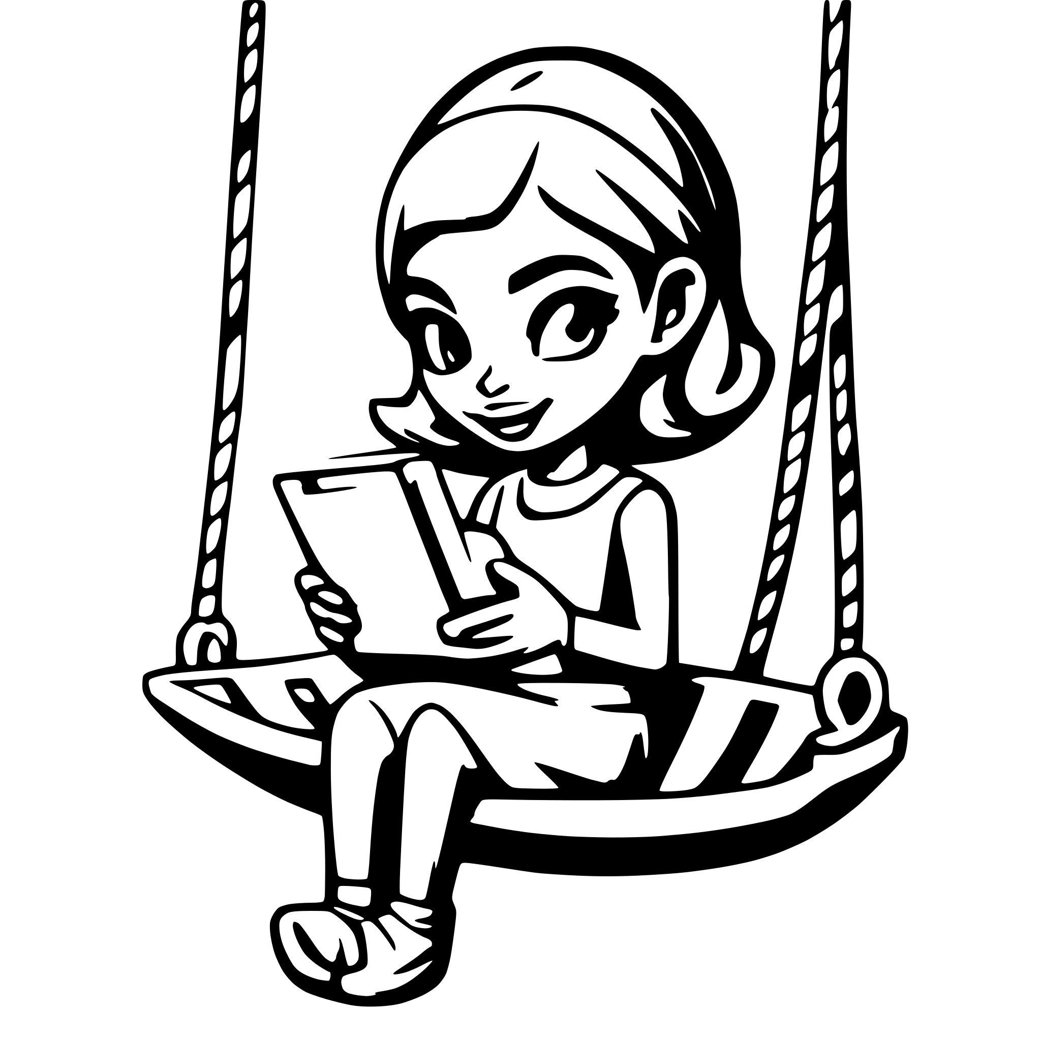 AI-generated SVG of a african lady reading a tablet on a pod swing