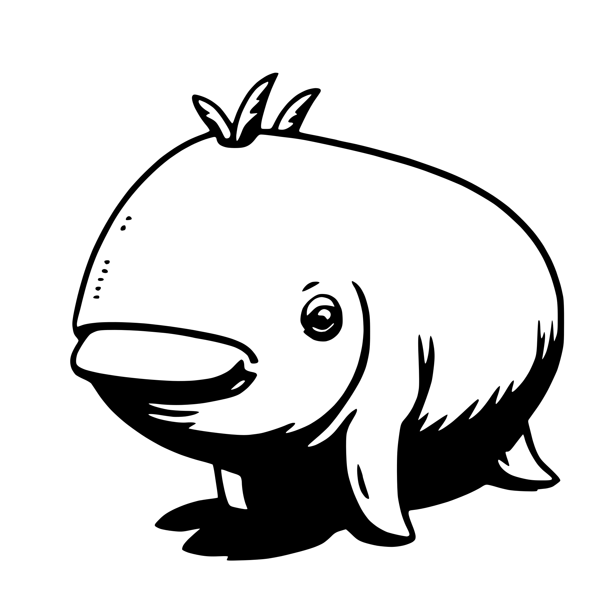 The SVG depicts a stylized cartoon of a whale. The whale has a large, rounded body with a prominent dorsal fin on its back. It has a wide, open mouth, and its eyes are visible on the side of its head. The whale's tail is visible at the back, and it appears to be swimming or floating in a body of water. The style is simple and cartoonish, with no intricate details or shading. 