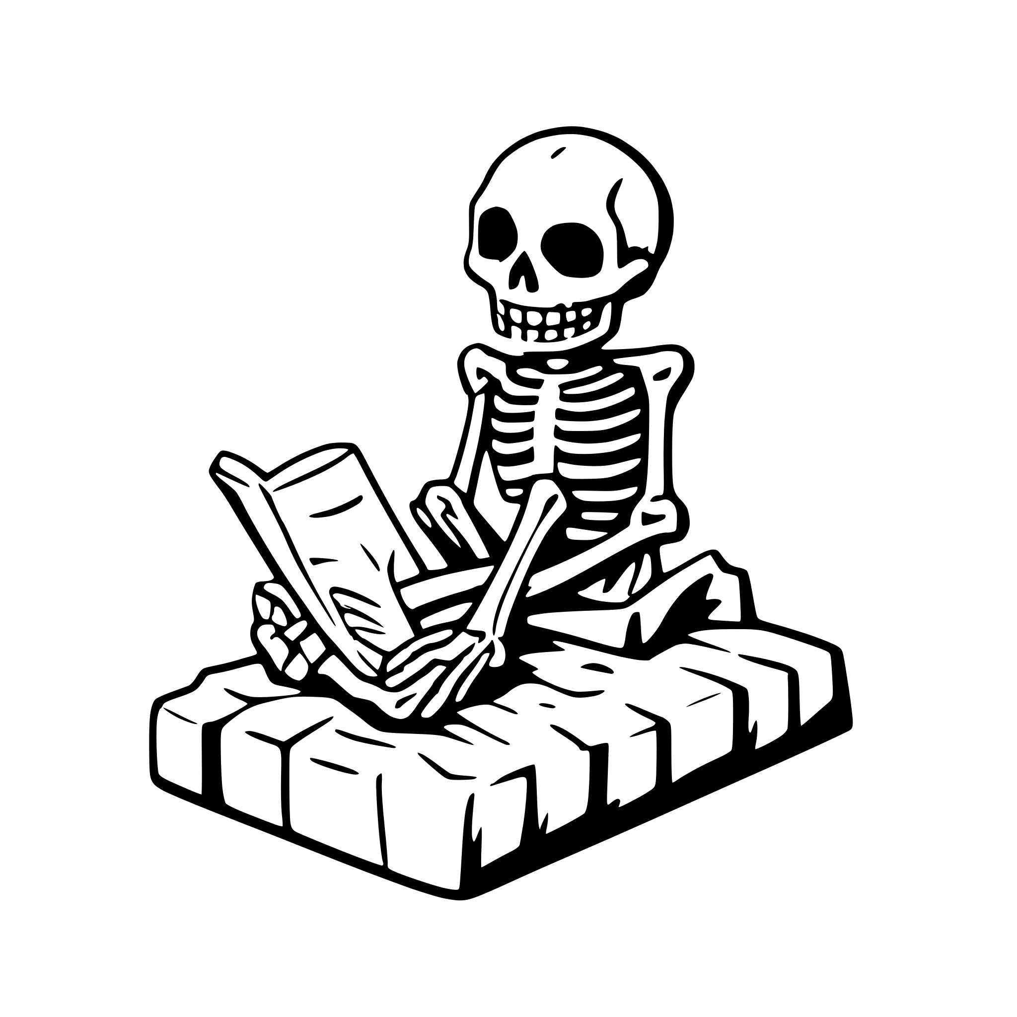 AI-generated SVG of a a skeleton sitting on a grave an reading