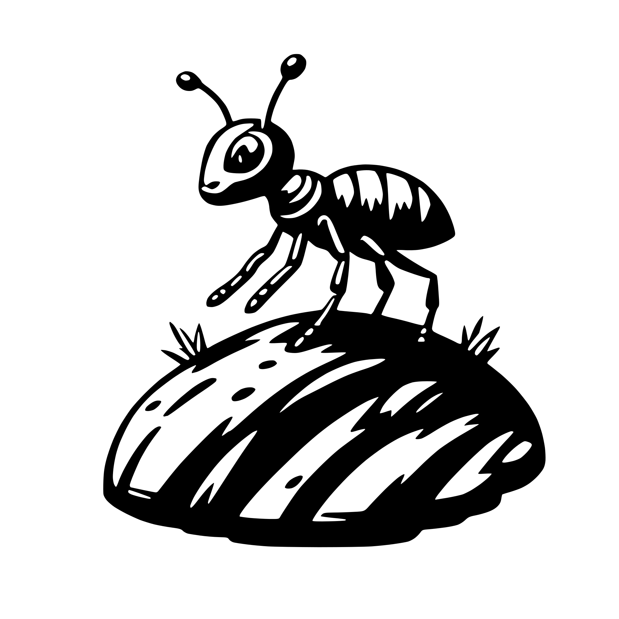 The SVG depicts a stylized illustration of a beetle standing on a rock. The beetle has a prominent head with large, round eyes, and its body is elongated with a series of segments visible. The rock has a textured surface, suggesting a natural, perhaps lichen-covered, appearance. The beetle's legs are extended, and it appears to be in a resting or alert position. The illustration is simple and uses solid lines and shapes to convey the subject matter. 