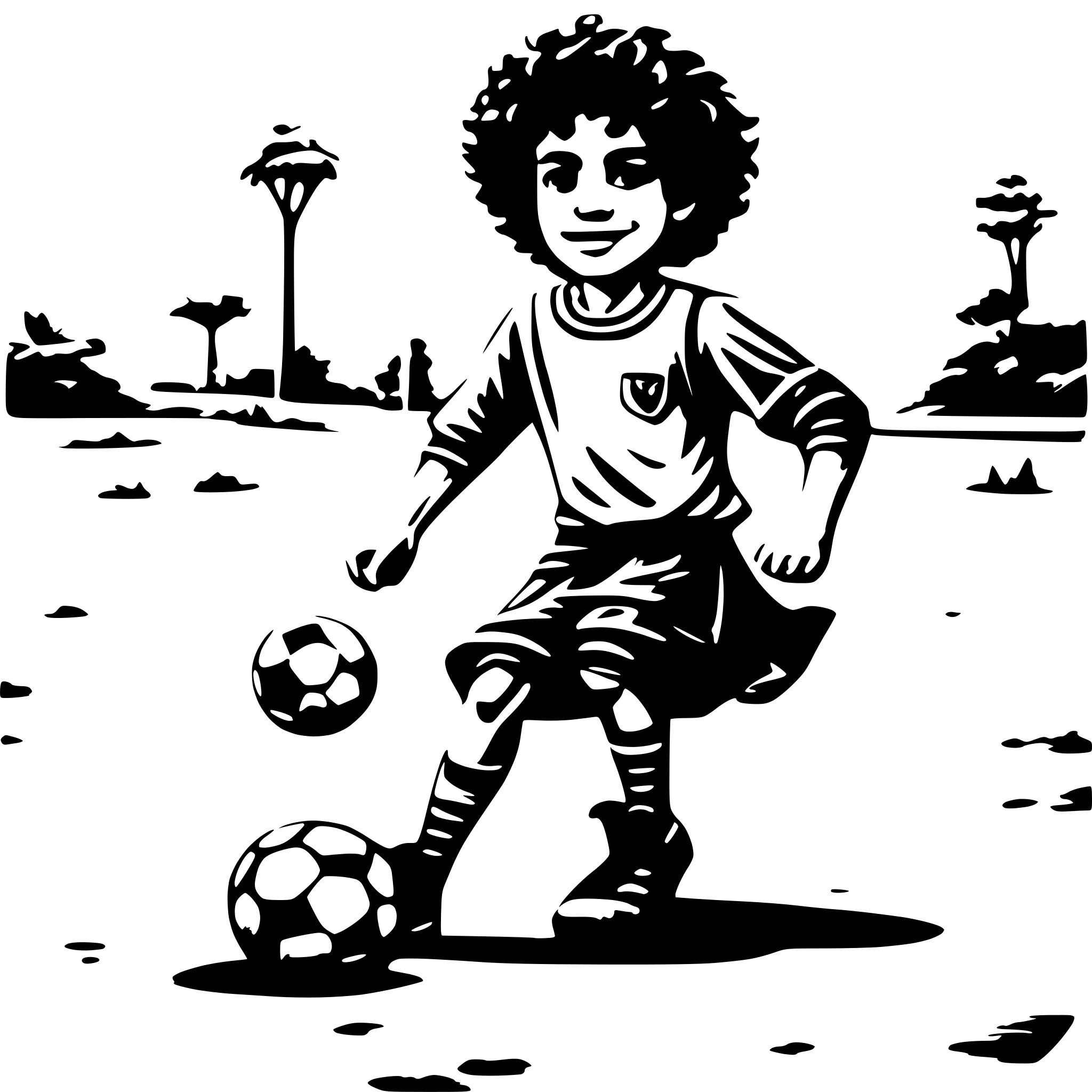 AI-generated SVG of a A cute little boy, with curly hair, playing soccer with his friends on the dirt field of their neighborhood in Iran.