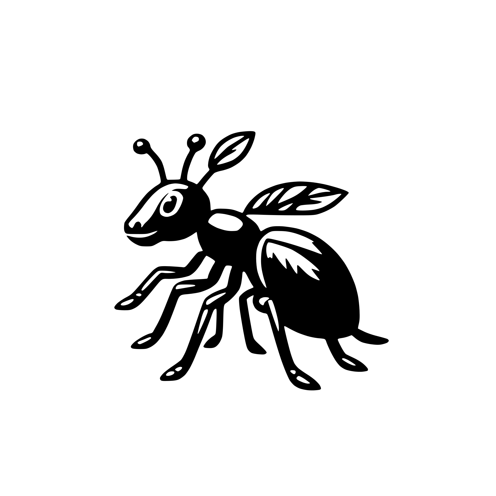 The SVG depicts a stylized black beetle with a pair of large, round eyes and a pair of antennae. The beetle has six legs and two wings, which are folded back along its body. The wings have a pattern of lines that suggest a veined appearance, typical of insect wings. The beetle is facing towards the right side of the SVG. The style of the SVG is simple and cartoonish, with bold outlines and minimal shading. 