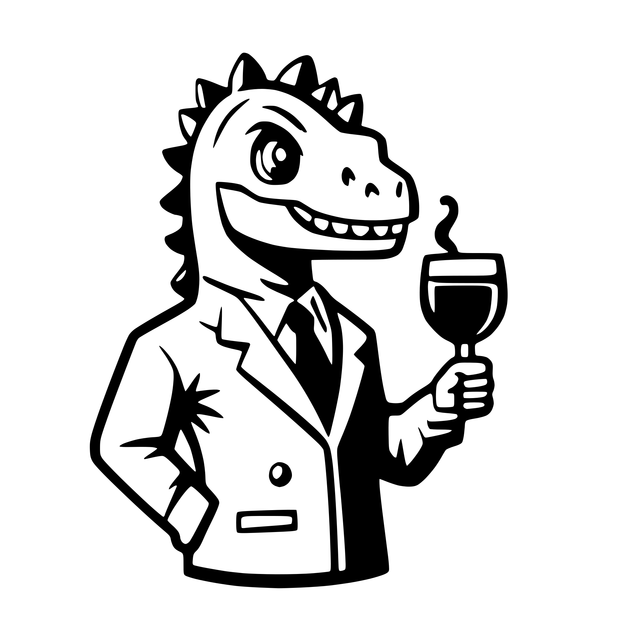 AI-generated SVG of a dinosaur with a glss of wine in the hand