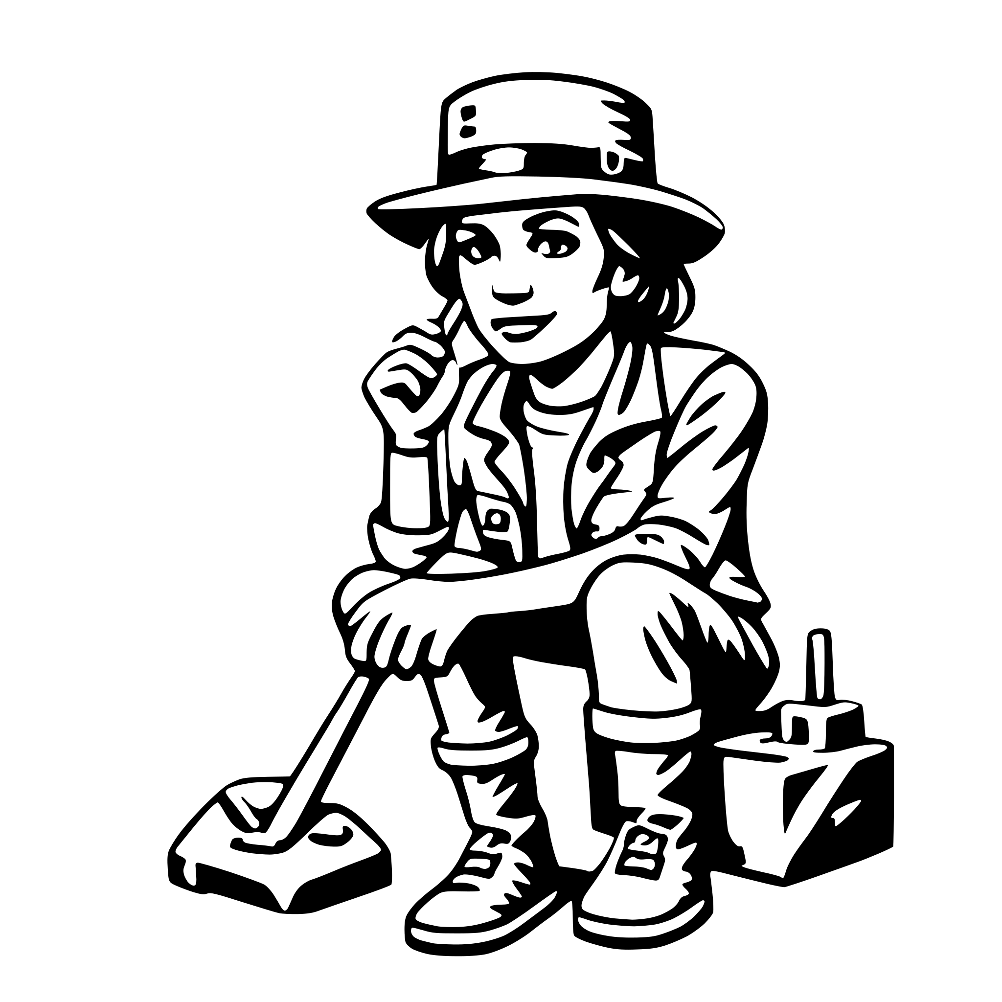The SVG depicts a stylized, cartoon-like illustration of a person sitting on the ground with their legs crossed. The individual is wearing a wide-brimmed hat, a long-sleeved shirt, and pants. They are holding a broom in their right hand, which is resting on their knee. Next to the person, there is a small, rectangular object that appears to be a toolbox or a small chest. The person is smiling and looking directly at the viewer. The overall style is simple and graphic, with solid lines and minimal shading. 