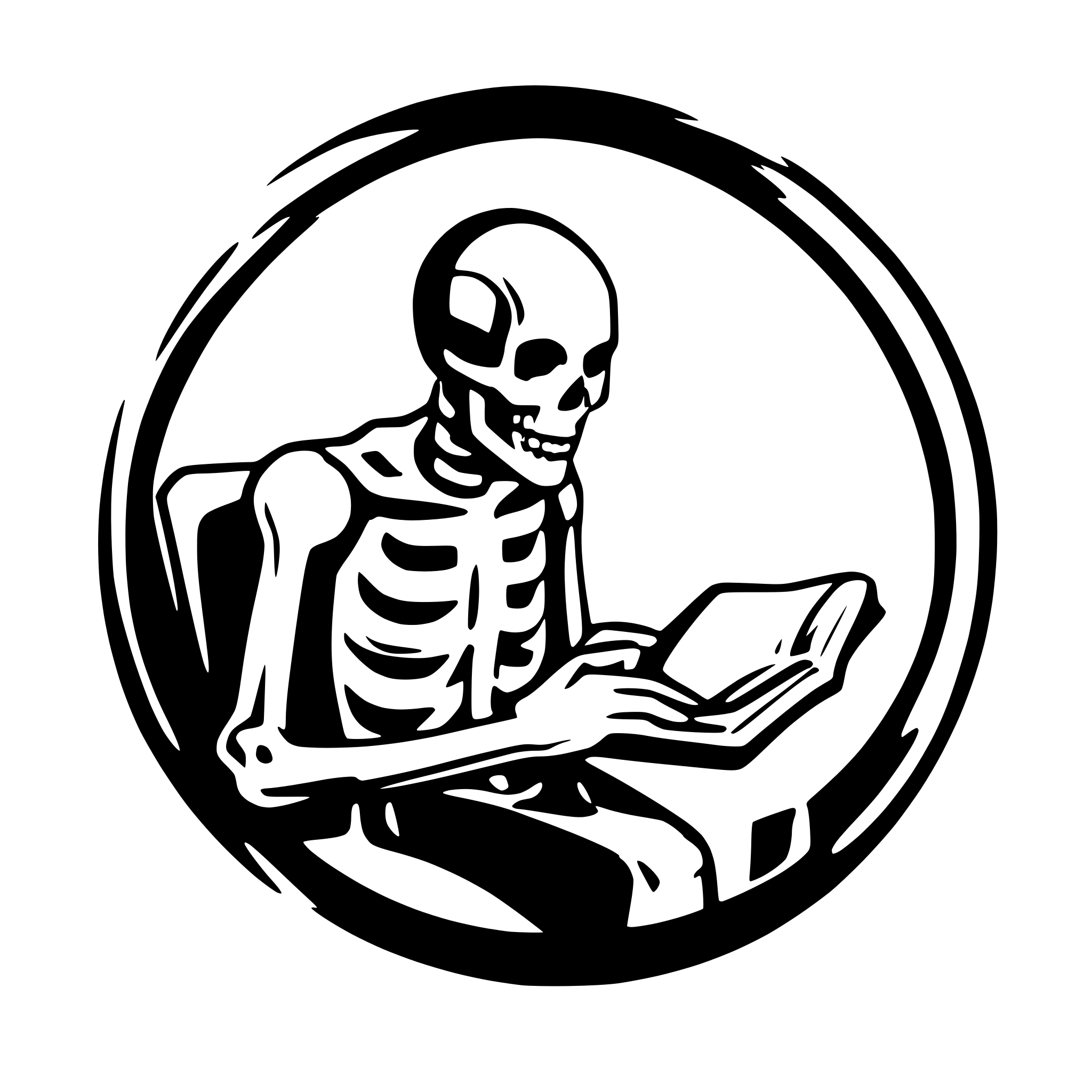 AI-generated SVG of a skeleton reading a book