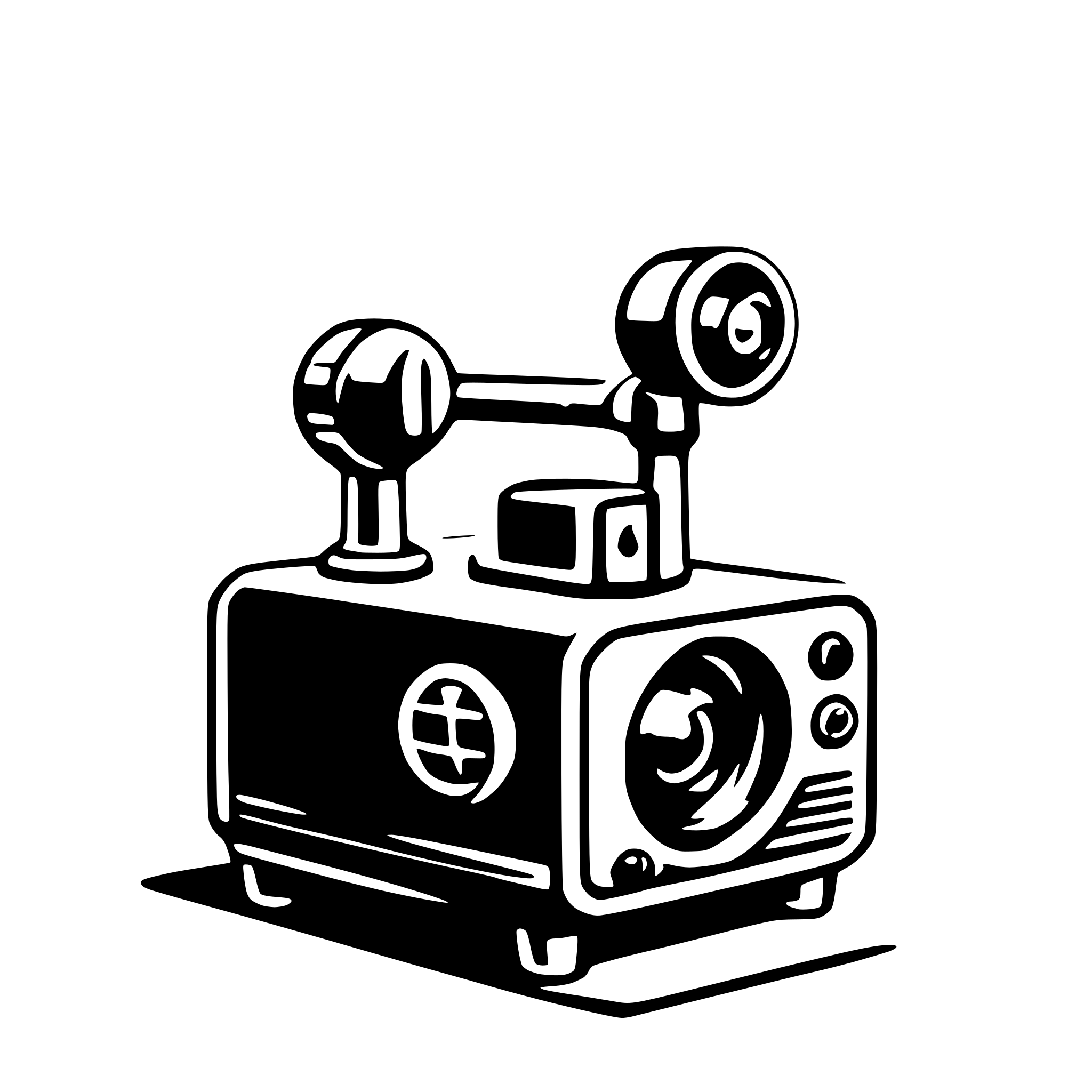 The SVG depicts a simplified, stylized representation of a camera. It features a body with a lens on the front, a viewfinder on the top, and a film roll on the side. There are two knobs on the top, likely for adjusting settings, and a lever on the side, which might be for winding the film. The camera is placed on a flat surface, and there is a small, circular emblem on the front, possibly indicating the brand or model of the camera. The design is minimalistic and lacks intricate details, focusing on the essential components of a camera. 