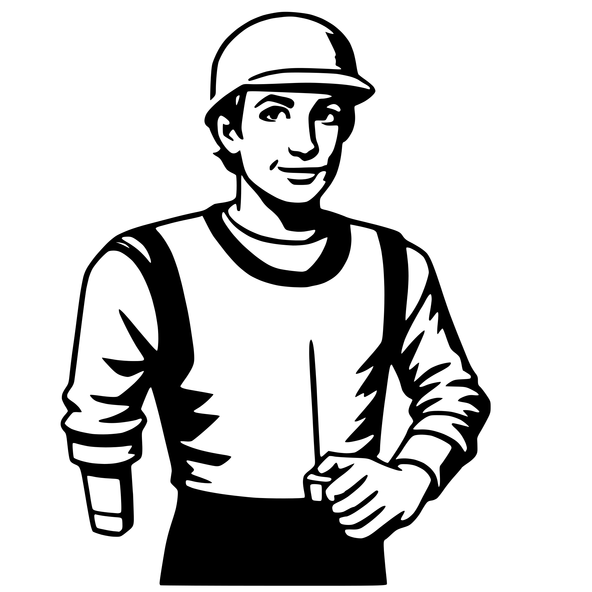 The SVG depicts a stylized, cartoon-like illustration of a person. The individual is wearing a white helmet with a visor, a white long-sleeved shirt, and dark pants. They are standing with their left hand resting on their hip and their right hand holding what appears to be a small object, possibly a tool or a device. The person is smiling and looking directly at the viewer. The style is simplistic and uses solid colors with no gradients or shading, which is typical for vector graphics. 
